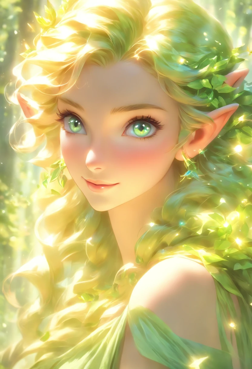 (best quality,4k,8k,highres,masterpiece:1.2),ultra-detailed,(realistic,photorealistic,photo-realistic:1.37),elf girl with long blonde hair wearing a green dress and having mesmerizing blue eyes,wisps of curly hair gently caressing her face,fair porcelain skin glowing with a soft ethereal sheen,delicate facial features exuding grace and beauty,natural-looking makeup highlighting her enchanting eyes,thin eyebrows elegantly arched upwards,long and fluttering eyelashes framing her captivating gaze,cheeks adorned with a subtle rosy blush,plump and rosy lips that seem to invite a smile,her eyes reflecting a sense of curiosity and wisdom,a crown of intricate green leaves resting on her flowing locks,green dress adorned with delicate embroidery and sparkling gemstones,flowing sleeves that cascade down her arms,soft and airy fabric gracefully draping around her slender figure,a forest filled with magical creatures serving as the backdrop,sunlight filtering through the vibrant leaves casting a warm and enchanting glow,whispering wind gently rustling the leaves enhancing the ethereal atmosphere,subtle rays of sunlight illuminating her radiant presence, vibrant shades of green and blue harmonizing with her surroundings,evoking a sense of tranquility and magic as if she belongs to a mystical realm, hinting at a story waiting to unfold.