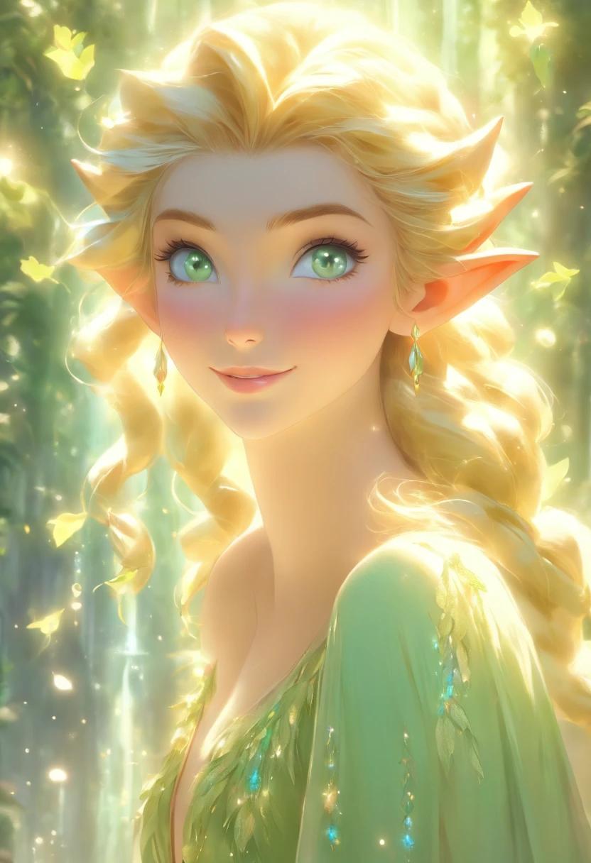 (best quality,4k,8k,highres,masterpiece:1.2),ultra-detailed,(realistic,photorealistic,photo-realistic:1.37),elf girl with long blonde hair wearing a green dress and having mesmerizing blue eyes,wisps of curly hair gently caressing her face,fair porcelain skin glowing with a soft ethereal sheen,delicate facial features exuding grace and beauty,natural-looking makeup highlighting her enchanting eyes,thin eyebrows elegantly arched upwards,long and fluttering eyelashes framing her captivating gaze,cheeks adorned with a subtle rosy blush,plump and rosy lips that seem to invite a smile,her eyes reflecting a sense of curiosity and wisdom,a crown of intricate green leaves resting on her flowing locks,green dress adorned with delicate embroidery and sparkling gemstones,flowing sleeves that cascade down her arms,soft and airy fabric gracefully draping around her slender figure,a forest filled with magical creatures serving as the backdrop,sunlight filtering through the vibrant leaves casting a warm and enchanting glow,whispering wind gently rustling the leaves enhancing the ethereal atmosphere,subtle rays of sunlight illuminating her radiant presence, vibrant shades of green and blue harmonizing with her surroundings,evoking a sense of tranquility and magic as if she belongs to a mystical realm, hinting at a story waiting to unfold.