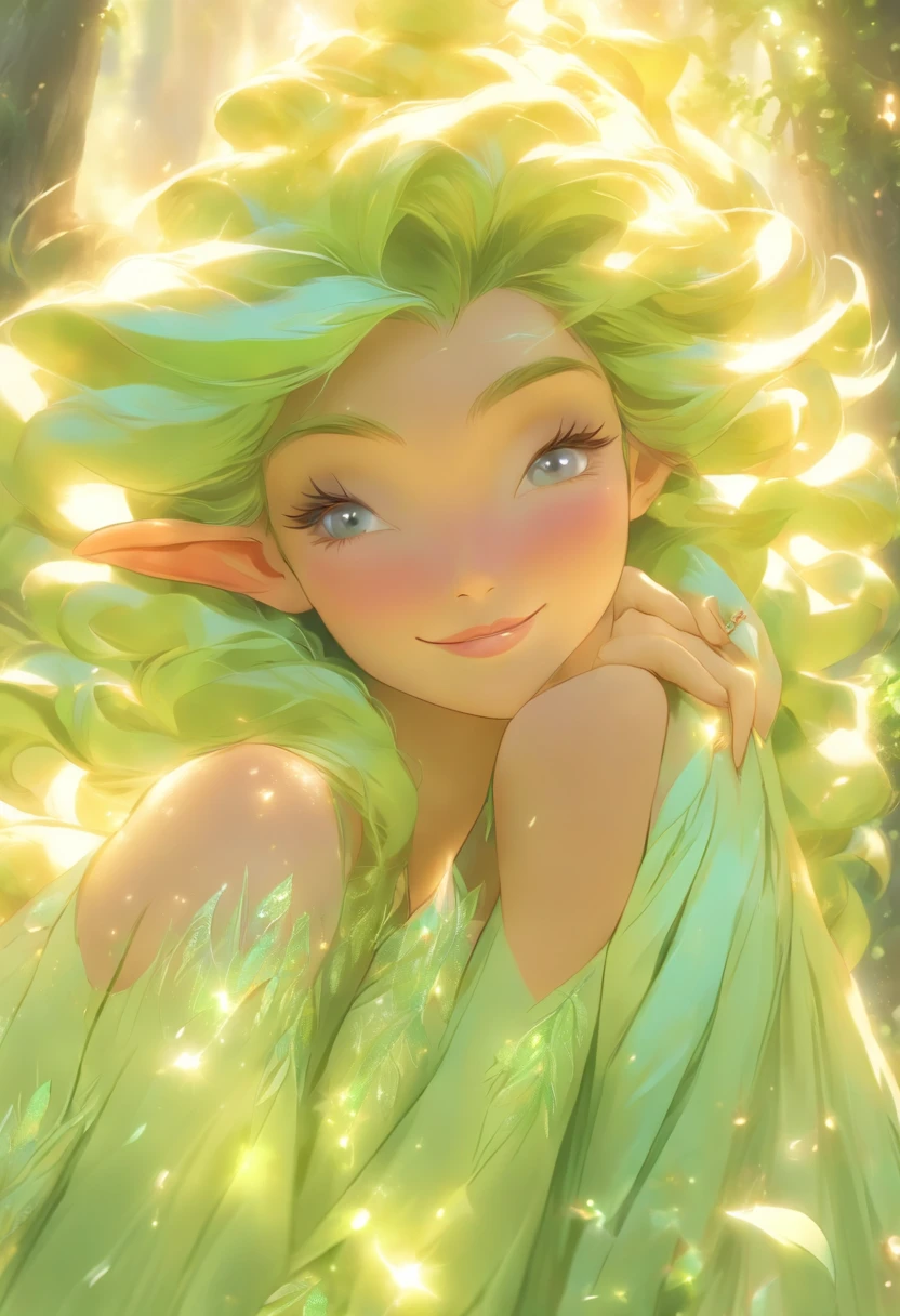 (best quality,4k,8k,highres,masterpiece:1.2),ultra-detailed,(realistic,photorealistic,photo-realistic:1.37),elf girl with long blonde hair wearing a green dress and having mesmerizing blue eyes,wisps of curly hair gently caressing her face,fair porcelain skin glowing with a soft ethereal sheen,delicate facial features exuding grace and beauty,natural-looking makeup highlighting her enchanting eyes,thin eyebrows elegantly arched upwards,long and fluttering eyelashes framing her captivating gaze,cheeks adorned with a subtle rosy blush,plump and rosy lips that seem to invite a smile,her eyes reflecting a sense of curiosity and wisdom,a crown of intricate green leaves resting on her flowing locks,green dress adorned with delicate embroidery and sparkling gemstones,flowing sleeves that cascade down her arms,soft and airy fabric gracefully draping around her slender figure,a forest filled with magical creatures serving as the backdrop,sunlight filtering through the vibrant leaves casting a warm and enchanting glow,whispering wind gently rustling the leaves enhancing the ethereal atmosphere,subtle rays of sunlight illuminating her radiant presence, vibrant shades of green and blue harmonizing with her surroundings,evoking a sense of tranquility and magic as if she belongs to a mystical realm, hinting at a story waiting to unfold.