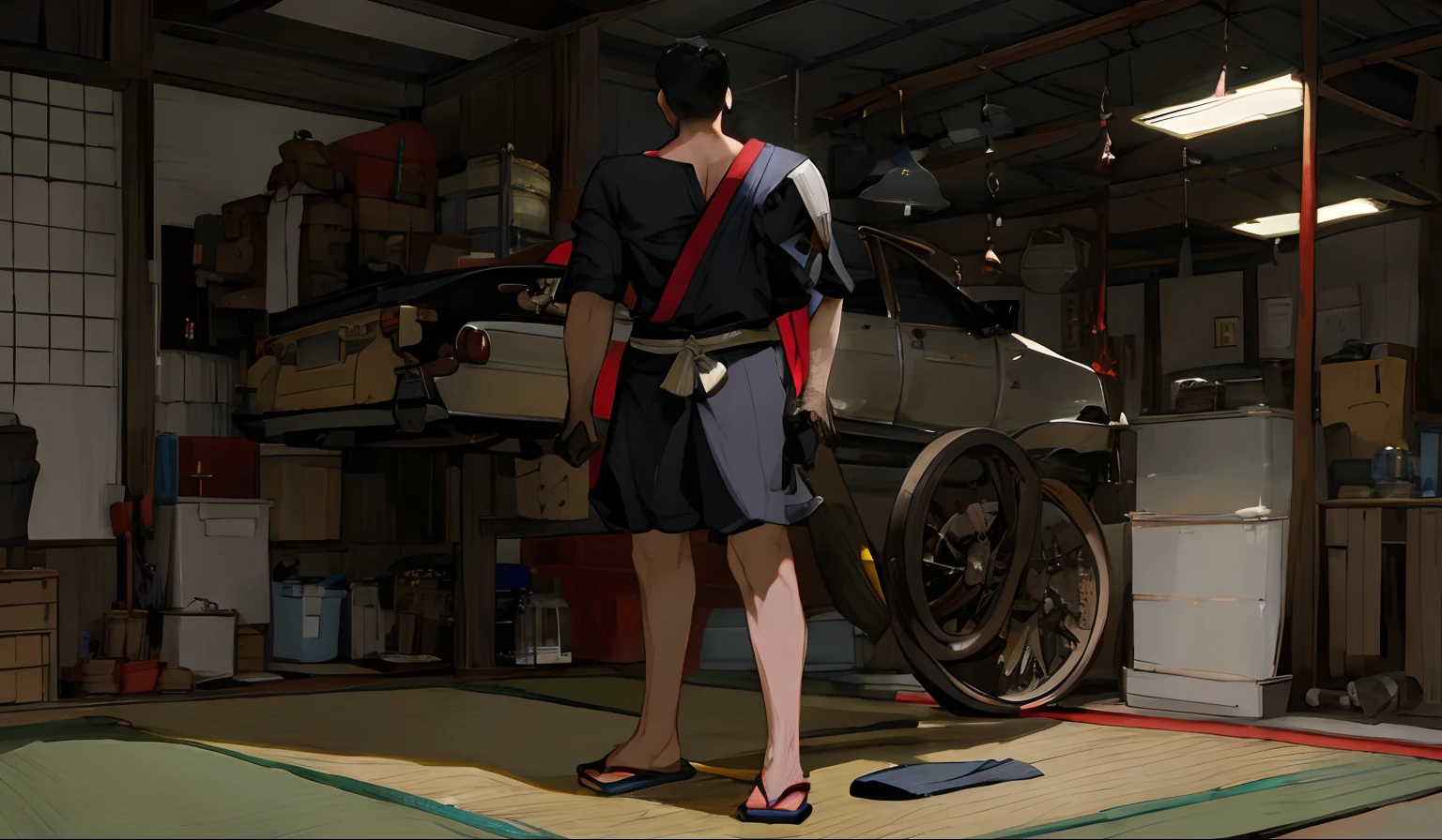a mechanic guy, wearing tradisional japanese clothes, full body