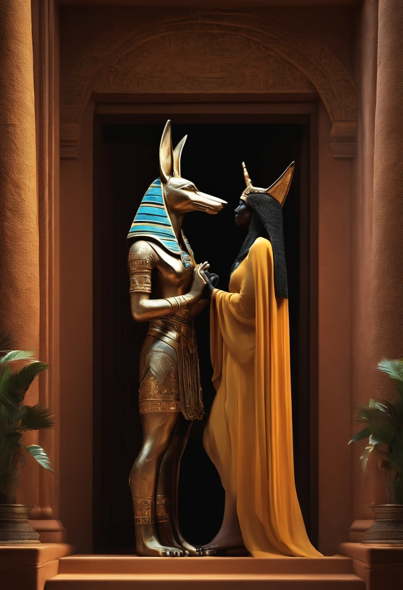 Anubis kissing an Anubis female, and a woman hidden watching through a door