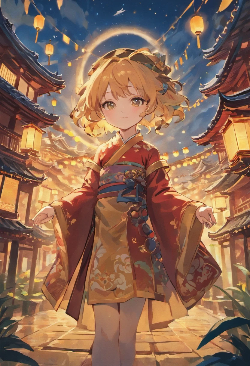 (((masterpiece)))、(((top-quality)))、((ultra-detailliert))、(illustratio)、((extremely delicate and beautiful))、Bright smile、floating、(Detailed light) (1 boy)、、独奏、Divided into 73、The wind is blowing、A WORLD、(cute eye)Wizard Hat, red blush,kimono ,off shoulders, cowboy shot, is standing, A smile, Surreal CG rendering ancient China,Ancient buildings and ancient towns in Gangnam have Yaolin Wonderland。the night,The stars are bright,The smoke is tempting,Maple and milk leaves are trees。Snowy landscape。K HD