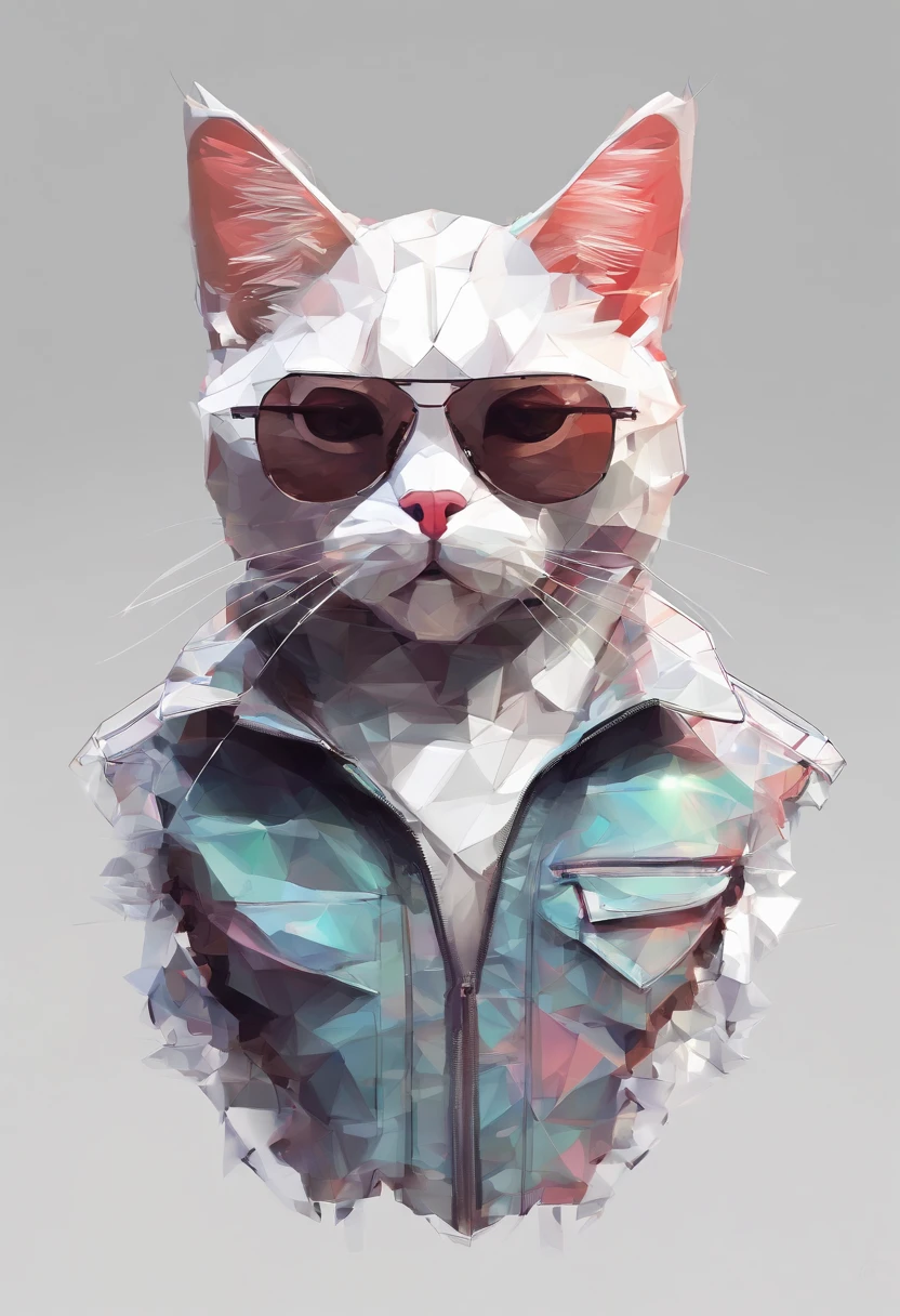 Perfect alignment, Cute cat in jacket,Crystal vases,Rose blossom, Wear sunglasses, Tolerable, standing position, abstract beauty, centered, Looking at the camera, Facing the camera, Near-perfect, Dynamic, highly detaild, silky, Sharp focus, 8K, High-definition resolution, Illustration, art by Carne Griffiths and Wadim Kashin, White background