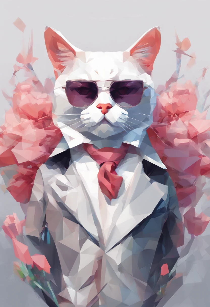 Perfect alignment, Cute cat in jacket,Crystal vases,Rose blossom, Wear sunglasses, Tolerable, standing position, abstract beauty, centered, Looking at the camera, Facing the camera, Near-perfect, Dynamic, highly detaild, silky, Sharp focus, 8K, High-definition resolution, Illustration, art by Carne Griffiths and Wadim Kashin, White background