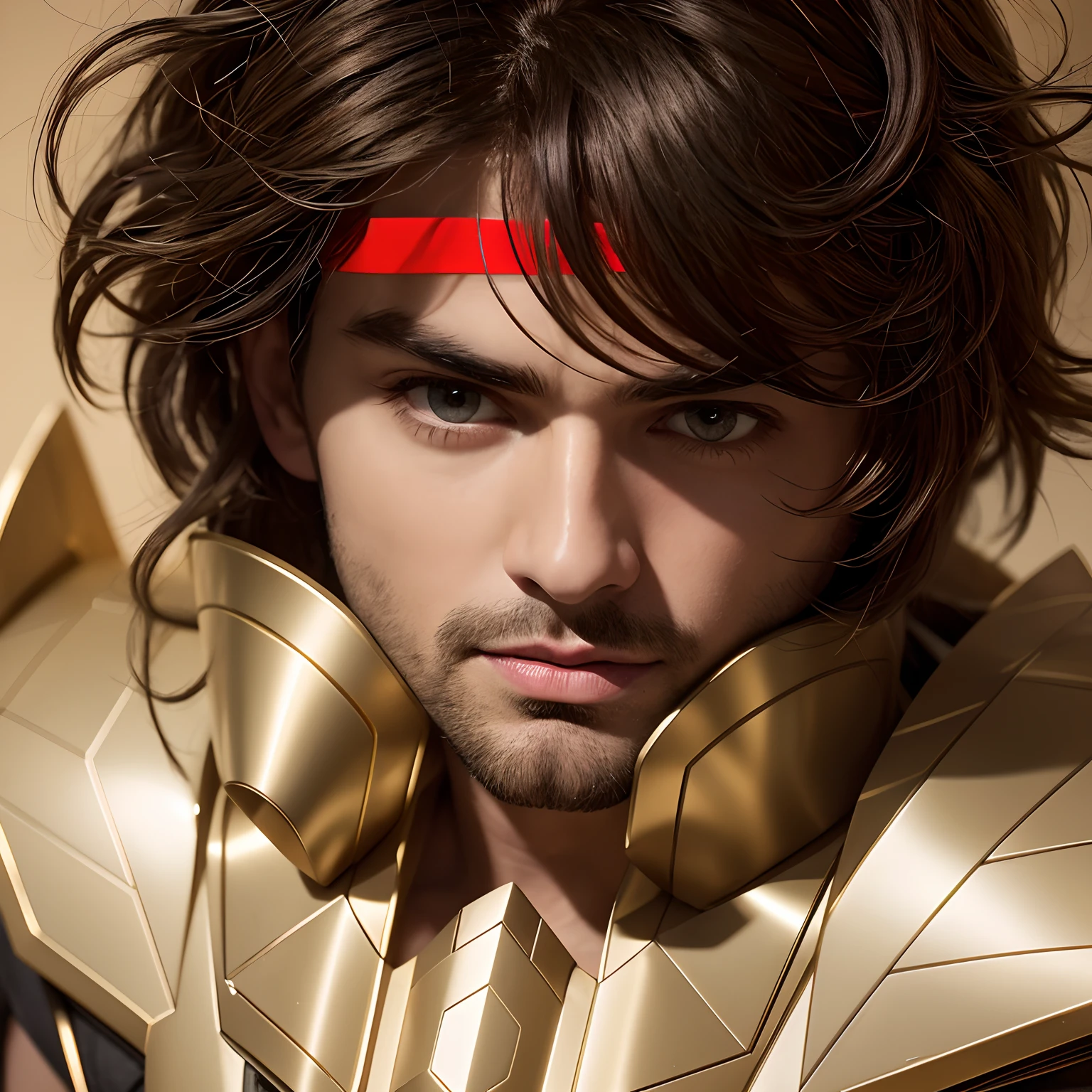 cinemactic, incrivelmente detalhado e ultrarrealista, Sagitarius aiolos de Saint Seiya. Close up. He's wearing a very realistic golden suit of armor. armadura dourada brilhante. Octane is the perfect tool to capture the softest details of this 16k photography masterpiece. He's a handsome Greek man, cerca de 30 anos. 1Homen. beautiful face. rosto detalhado. nariz bonito. (Olhos verdes muito grandes). olhos perfeitos. ((Depilado)). Ele tem cabelos castanhos. cabelos curtos com franja. messy hair. bandana vermelha. masculine traits. ((sem barba)). Bandana vermelha na testa sob franja. Remover Barba.