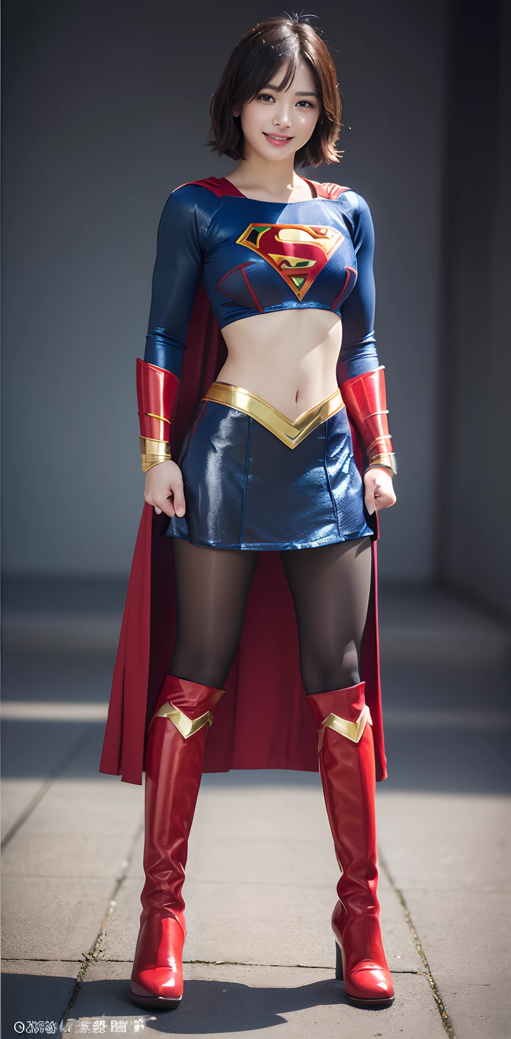(best quality,4k,8k,highres,masterpiece:1.2),ultra-detailed,(realistic,photorealistic,photo-realistic:1.37), vivid colors, bokeh, HDR, studio lighting, extreme detail description, physically-based rendering, ultra-fine painting, sharp focus, professional, portraits, sexy supergirl, beautiful detailed eyes, beautiful detailed lips, green eyes, short black hair, black and silver outfit, red cape with a midriff, full body, UHD 8K