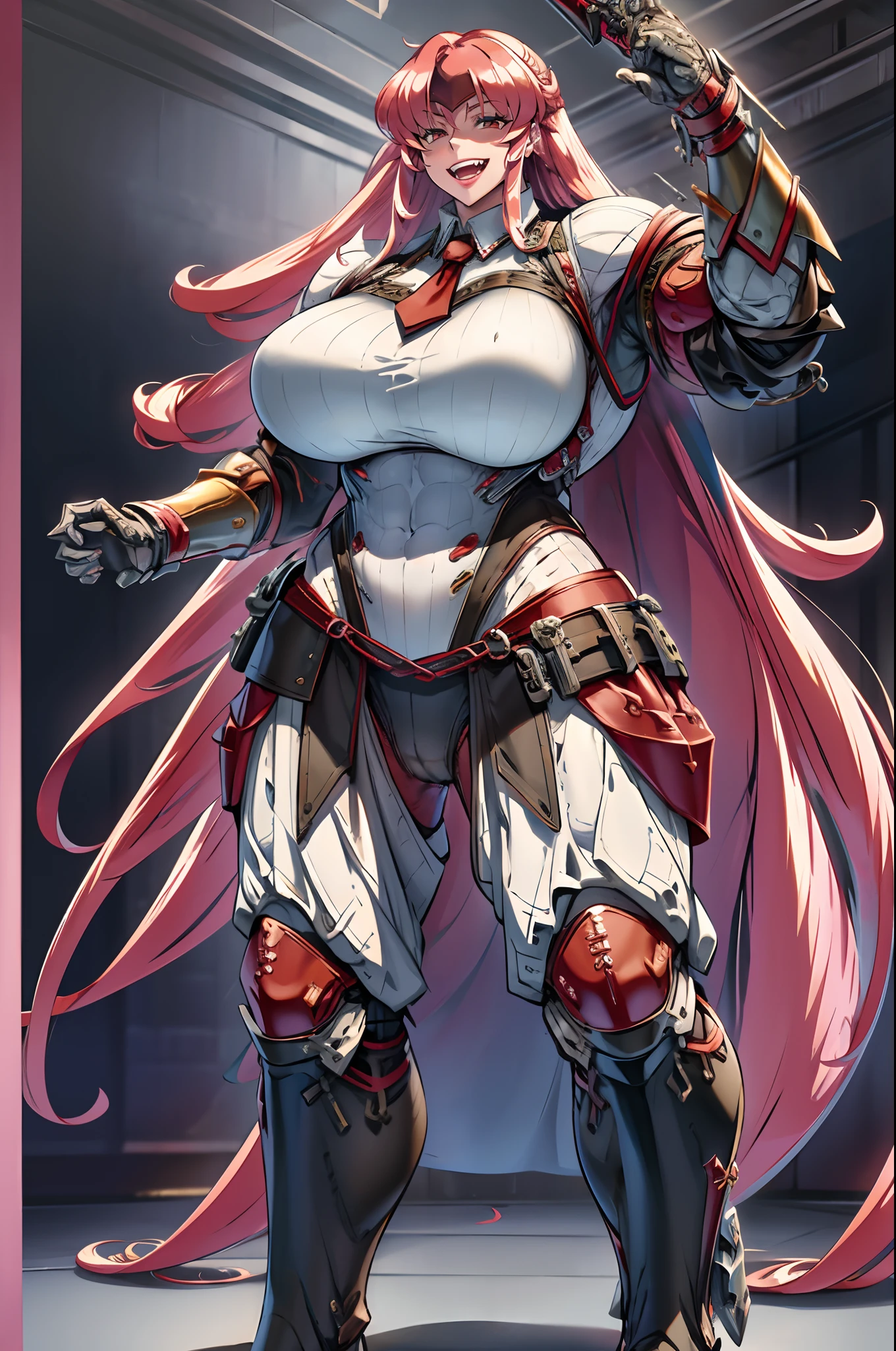 tomboy, warrior, berserker, tall female, muscular female, living hair, sauvage,, medieval clothing, fantasy, fantasy weapon, huge breasts, barbarian pants, , combat boots, armor, red hair, crazy smile, open mouth, biceps, necktie, thick arms,pullover, solo focus, long hair, , crazy smile, long hair, pants, noble cloths, noble clothing, french cloths, very long hair, BOOTS, full body, pink lips, hime cut, full body