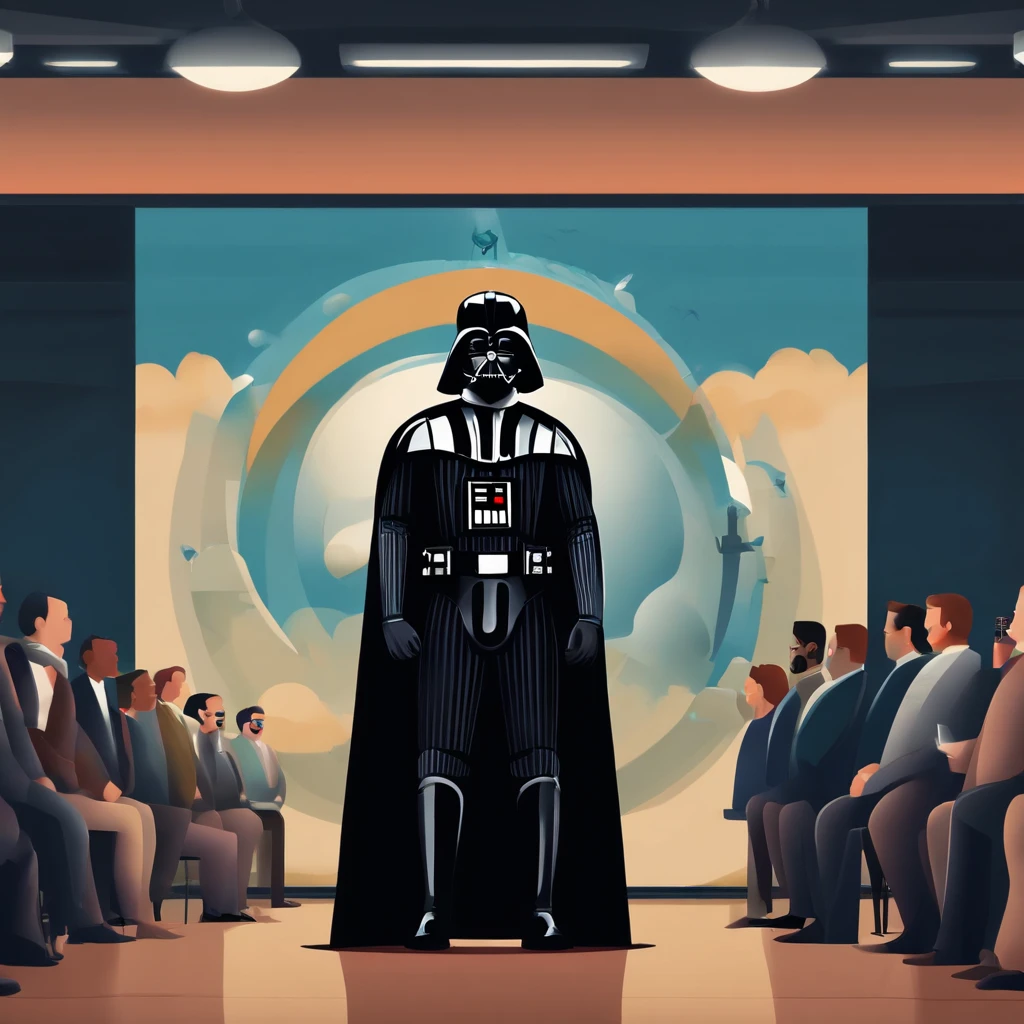 Dart Vader giving a presentation on global climate change at the science and technology symposium. Colocar o dart vader em primeiro plano mas deixar muito claro o ambiente eo contexto do evento