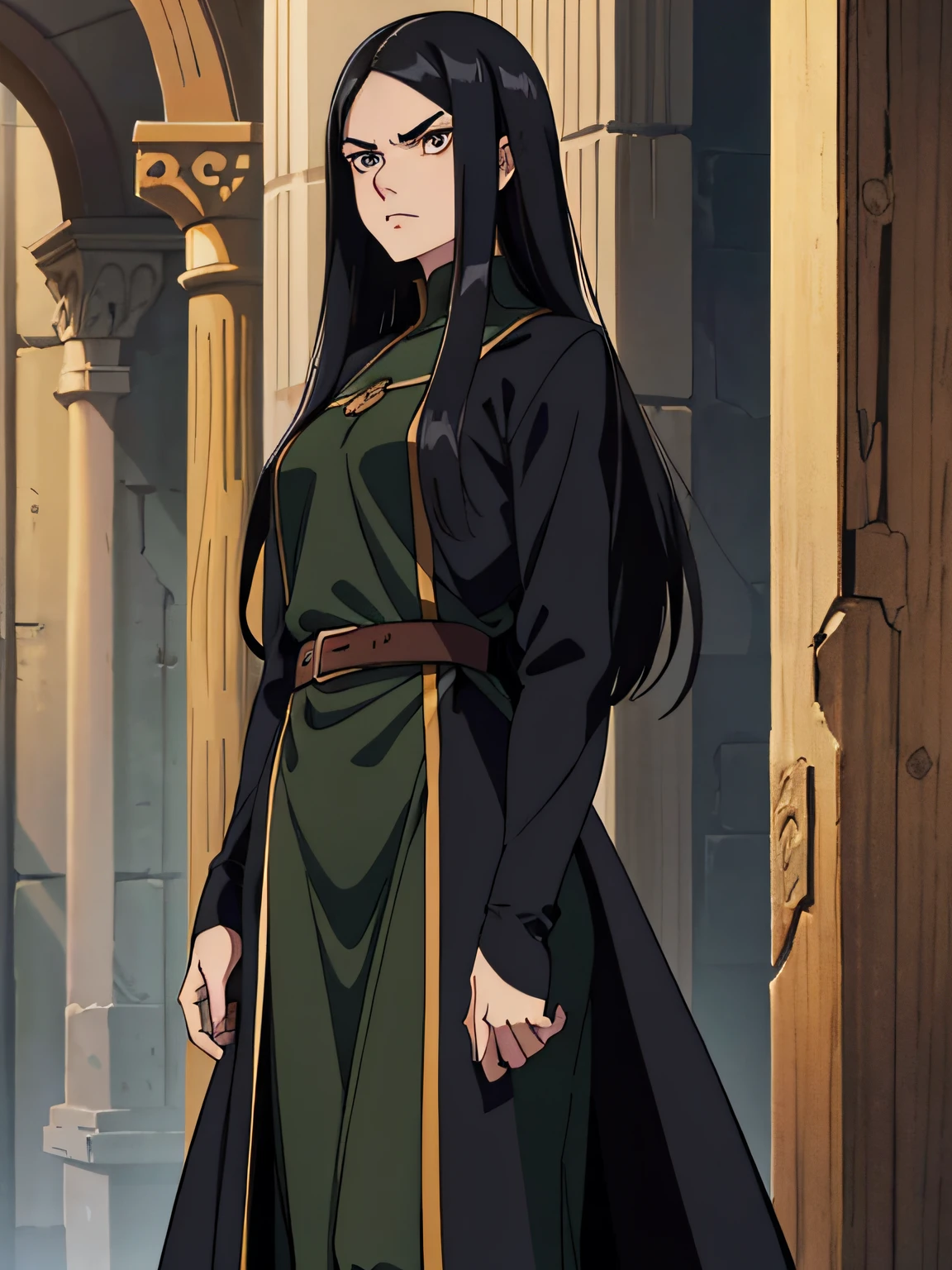 adult woman, middle part very long black hair, hair flowing, silky, floor lenght, tall, thick eyebrows, long oval face, serious look, dark brown eyes, pale, eyebags, detailed face, mage, dark green clothes,  tunic, flat chest, standing, in a dungeon, detailed background, hi res, full body, medieval fantasy, vanripper style
