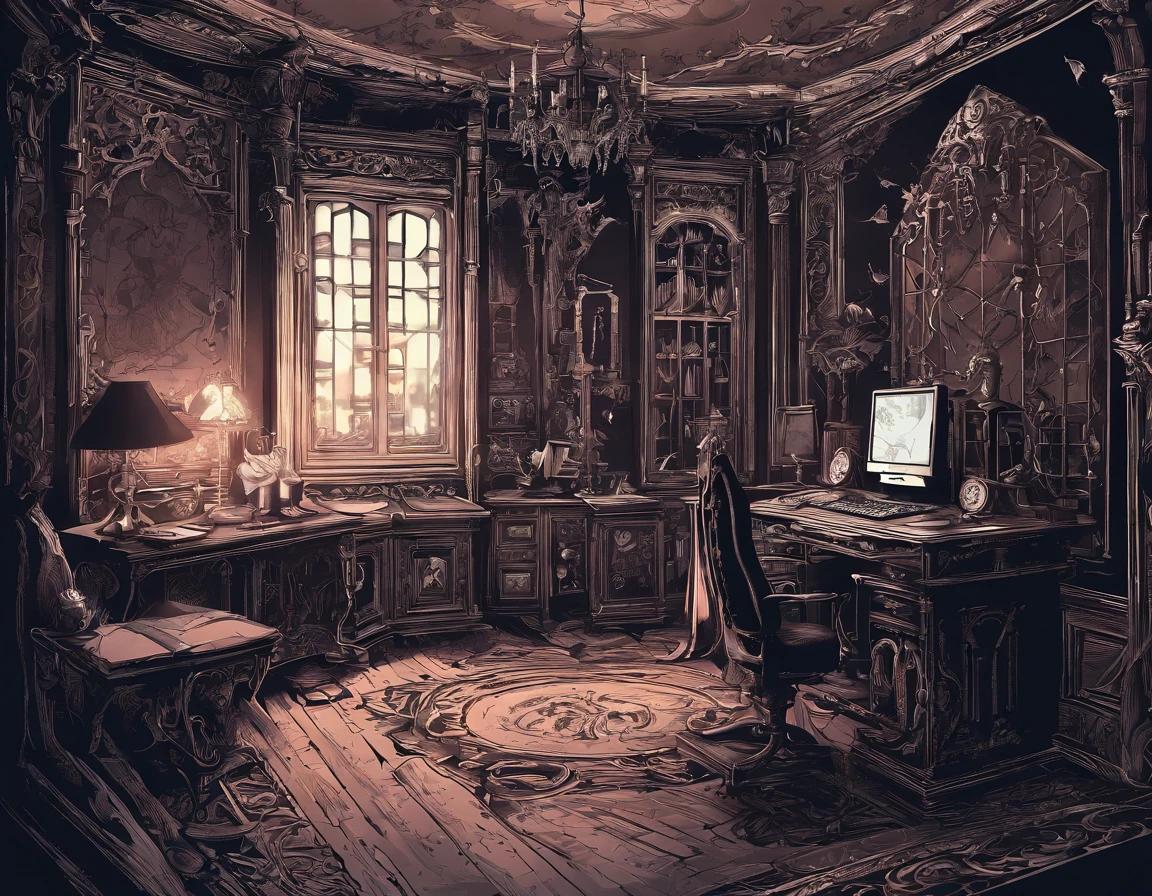 uarto mal iluminado, Quarto escuro, Quarto em Studio Ghibli, sala com pouca luz, quarto escuro, quarto fotorrealista, cena de pesadelo hiperrealista, pintura de um quarto, Quarto mal iluminado, fundo do quarto pessoal, dentro de um quarto, ghostly age room, arte conceitual escura fotorrealista, janela de noite, quarto mais moderno, computador gamer em cima da mesa, quarto moderno