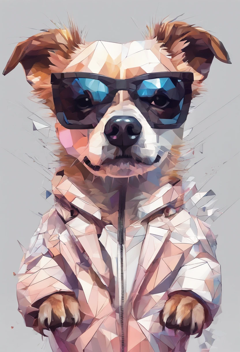 Perfect alignment, Cute dog in jacket，Crystal vases，Rose blossom, Wear sunglasses, Tolerable, standing position, abstract beauty, centered, Looking at the camera, Facing the camera, Near-perfect, Dynamic, highly detaild, silky, Sharp focus, 8K, High-definition resolution, Illustration, art by Carne Griffiths and Wadim Kashin, White background