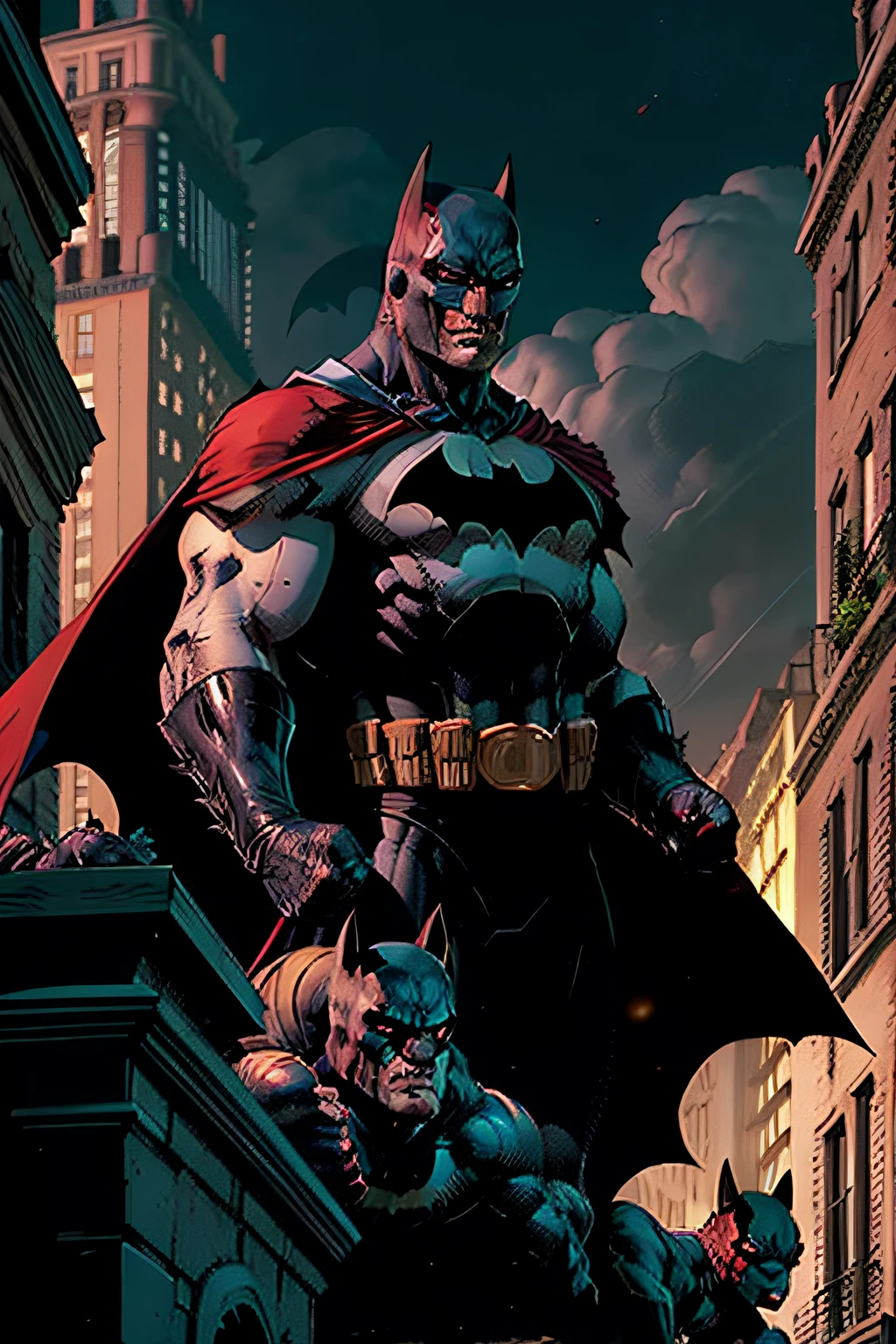 Batman stands on the terrace of the Gotham City Police Station building next to a Gargoyle made of concrete that makes the terrace. There is a lot of blood around him and he watches intently looking for the causes of this mystery.  Bataman is going strong, olhos brilhantes , His uniform also has blood remnants from the fight he had earlier with cyber vampires at Dracula's behest. Is Dracula hiding on the terrace where Batman is found??