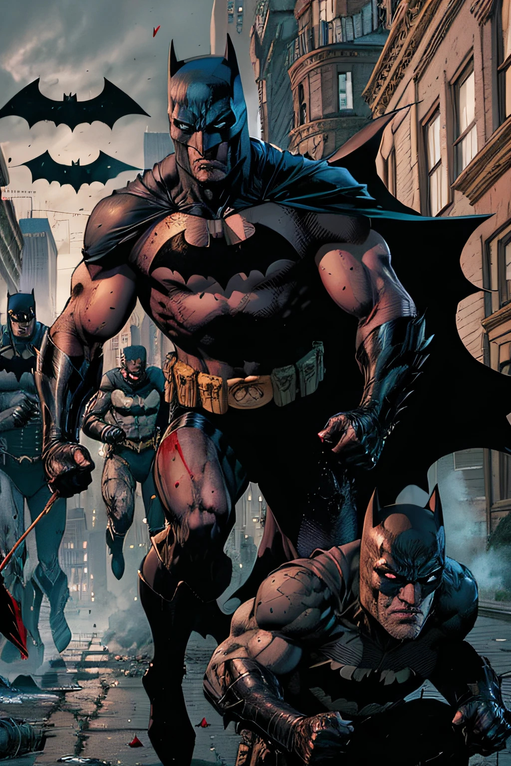 Batman was on the streets of Gotham City when he saw blood on the ground. He followed the trail of blood and found a group of criminals who had just robbed a bank. Batman fought them and managed to capture them all. He then called the police to come and take them away.