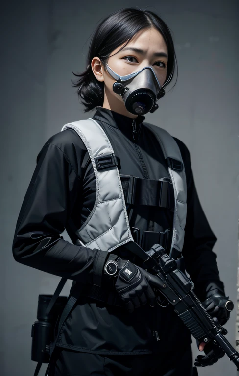 Highest image quality, outstanding details, ultra-high resolution, (realism: 1.4), ((close up:0.75, from front)), Photorealistic, highly condensed 1 lady, full body, aiming with a rifle, Combat pose, (Detailed face), looking at the camera, (a bit chubby:0.45), (cloths color black:0.4 white:0.5 other-color:0.1), (wearing nylon rash-guard as police uniform, gloves, Fingers are occluded, black and gray mecha, wearing futuristic-gasmask, military harness, holding a machinegun, carrying hich-tech-backpack), background greywall,