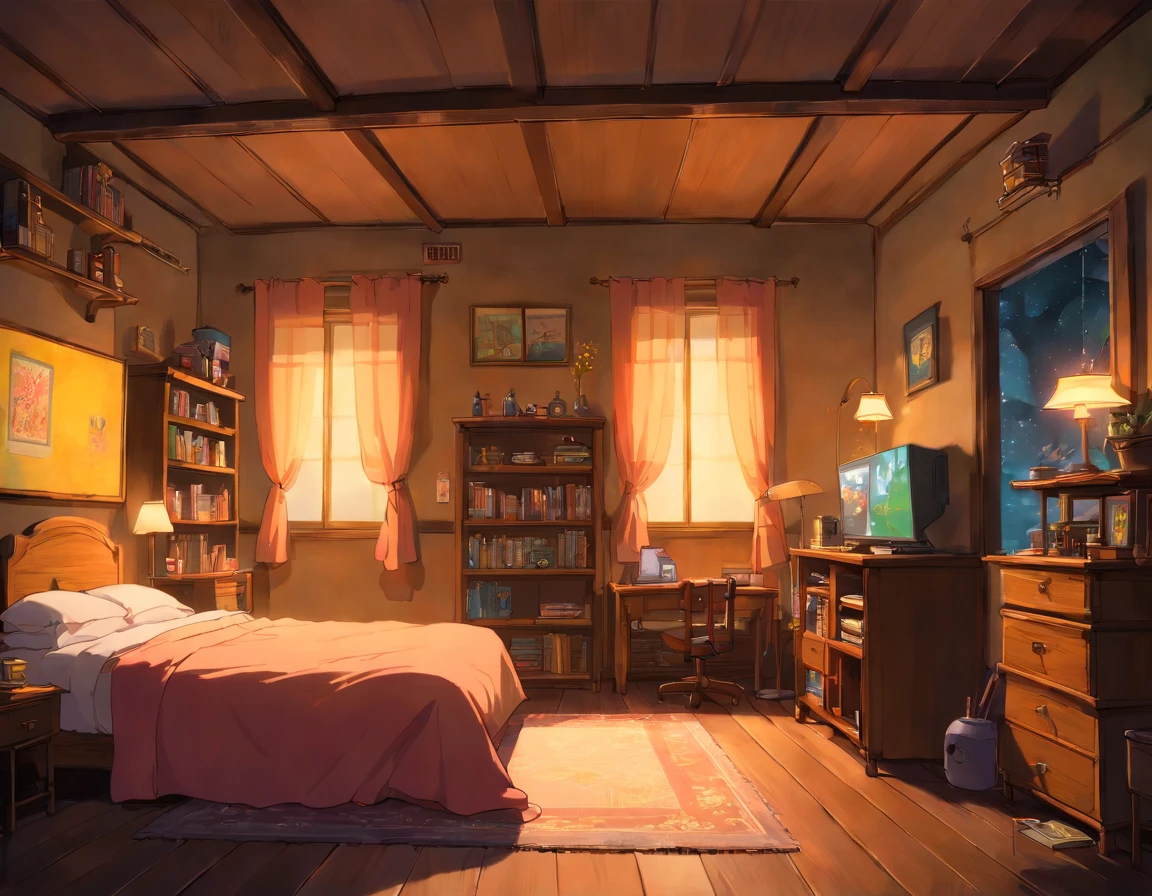 uarto mal iluminado, Quarto escuro, Quarto em Studio Ghibli, sala com pouca luz, quarto escuro, quarto fotorrealista, cena de pesadelo hiperrealista, pintura de um quarto, Quarto mal iluminado, fundo do quarto pessoal, dentro de um quarto, ghostly age room, arte conceitual escura fotorrealista, janela de noite, quarto mais moderno, computador gamer em cima da mesa, quarto moderno