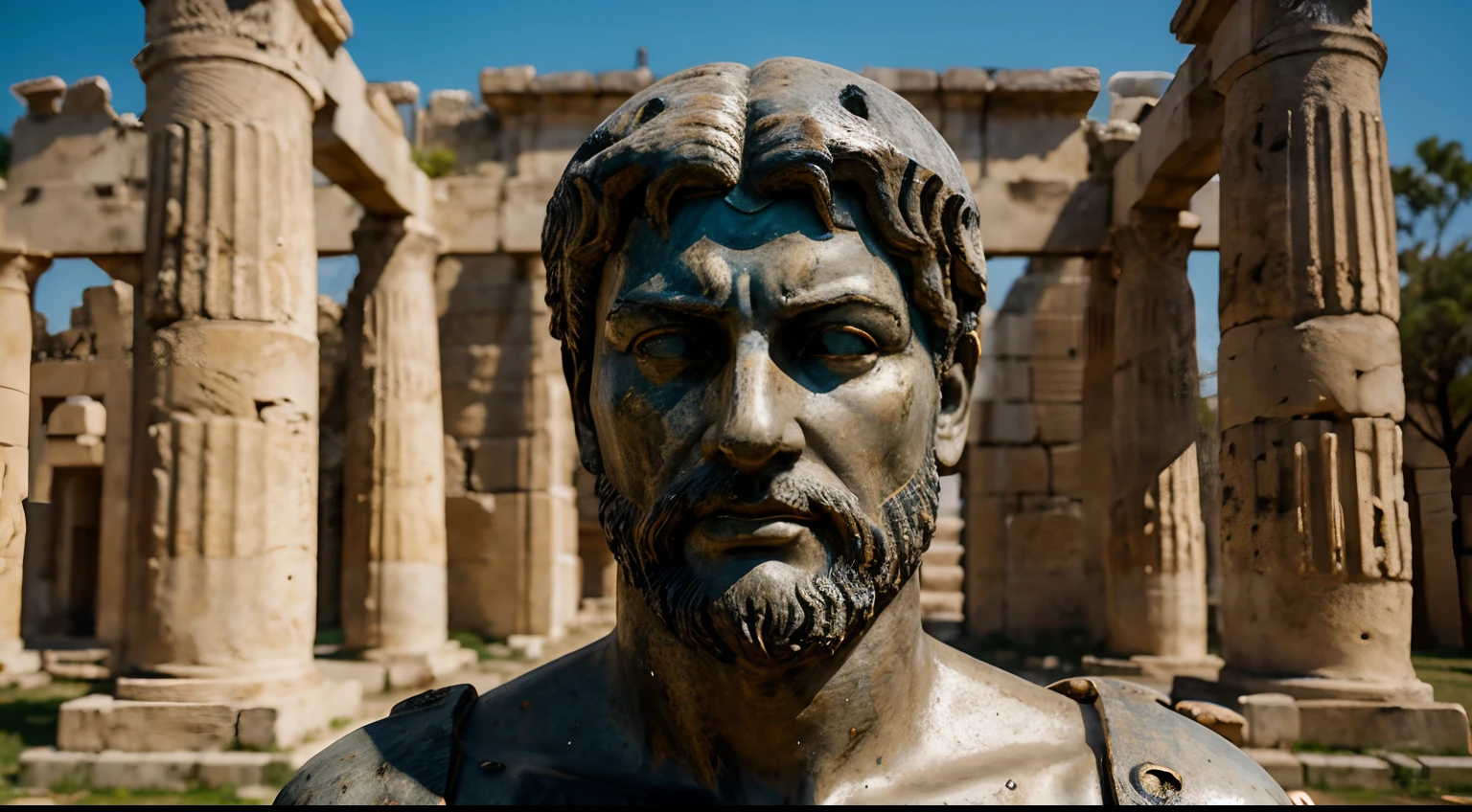 Ancient Stoic Statue With Very Angry Expression, tem barba, muitos detalhes em ambos os olhos, Outside, fundo atenas grego, open sky, com rosto extremamente detalhado full body view, Colors with low saturation with dark tone, Filmado em Sony A7S III com Sony FE 35mm f/1.8, 12.1 MP, --AR 3:2 --estilo cru