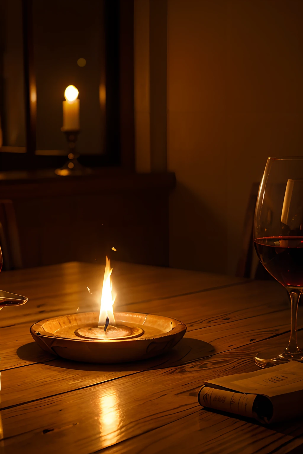 Glass of wine on fire on the table, escorrendo o vinho sobre a mesa, velas ao redor