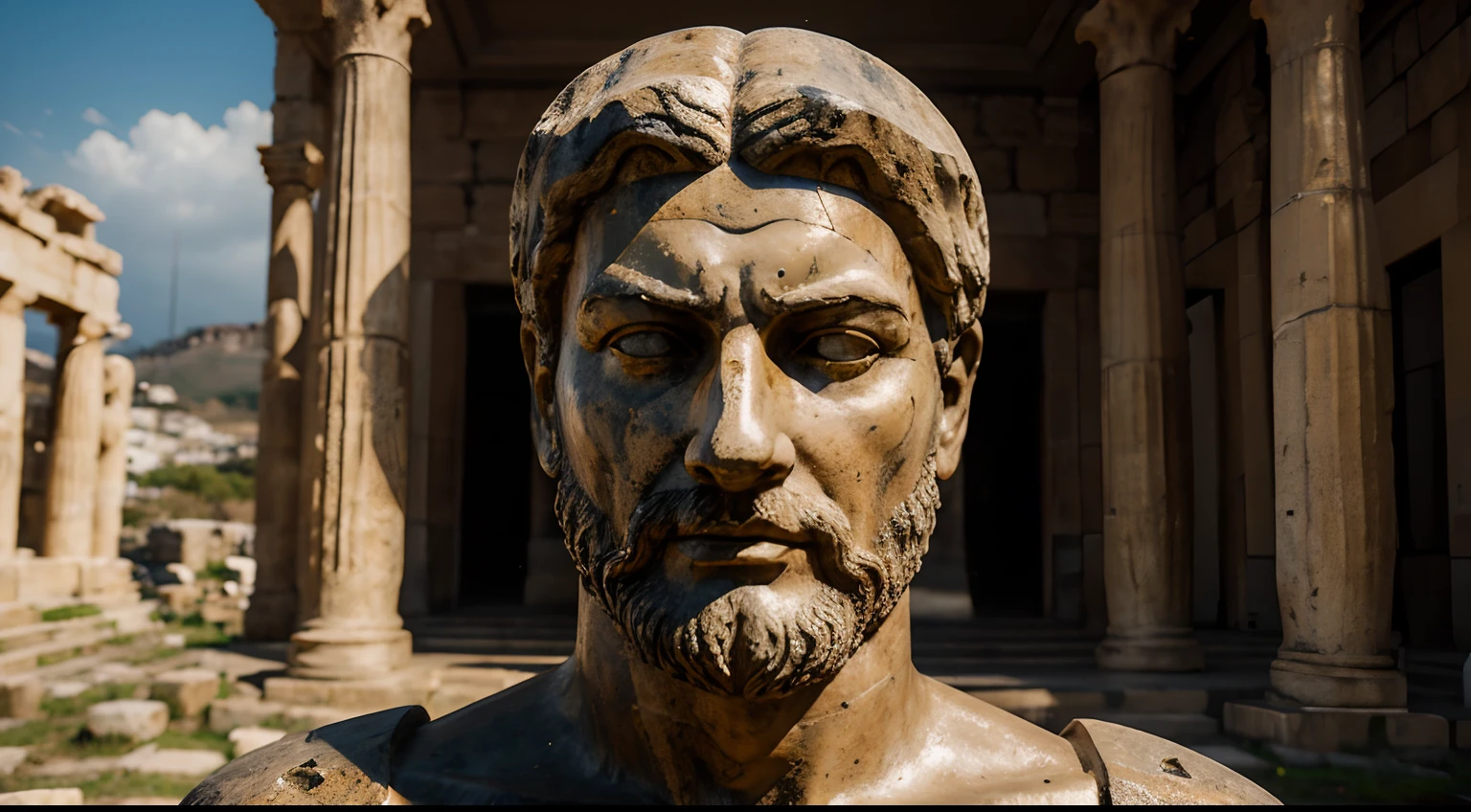 Ancient Stoic Statue With Very Angry Expression, tem barba, muitos detalhes em ambos os olhos, Outside, fundo atenas grego, open sky, com rosto extremamente detalhado full body view, Colors with low saturation with dark tone, Filmado em Sony A7S III com Sony FE 35mm f/1.8, 12.1 MP, --AR 3:2 --estilo cru