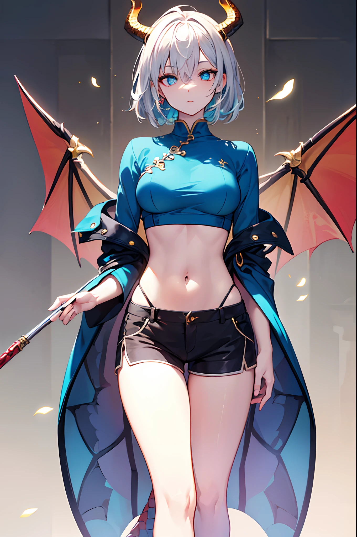 4K, high resolution, Best quality, Masterpiece, perfect colors, perfectly shaded, Perfect lighting, anthro, majestic dragon, scutes，Bicolor scales，Silvery hair，A blue scaly body, blue color eyes, Perfect female body, Perfect female figure, Wear women's crop top and shorts, Dragon's horns, Detailed scales, Detailed face, Perfect face, (The stands up), Detailed background, ((Bonifasko lighting)), coda, (Detailed eyes), perfect pupils, perfect medium breast, perfect body,