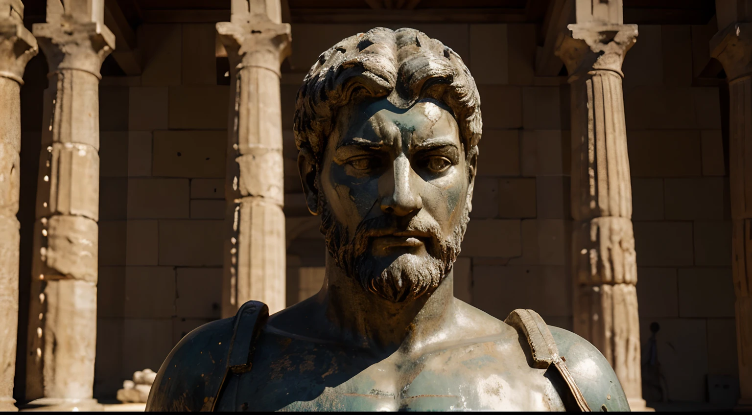 Ancient Stoic Statue With Very Angry Expression, tem barba, muitos detalhes em ambos os olhos, Outside, fundo atenas grego, open sky, com rosto extremamente detalhado full body view, Colors with low saturation with dark tone, Filmado em Sony A7S III com Sony FE 35mm f/1.8, 12.1 MP, --AR 3:2 --estilo cru