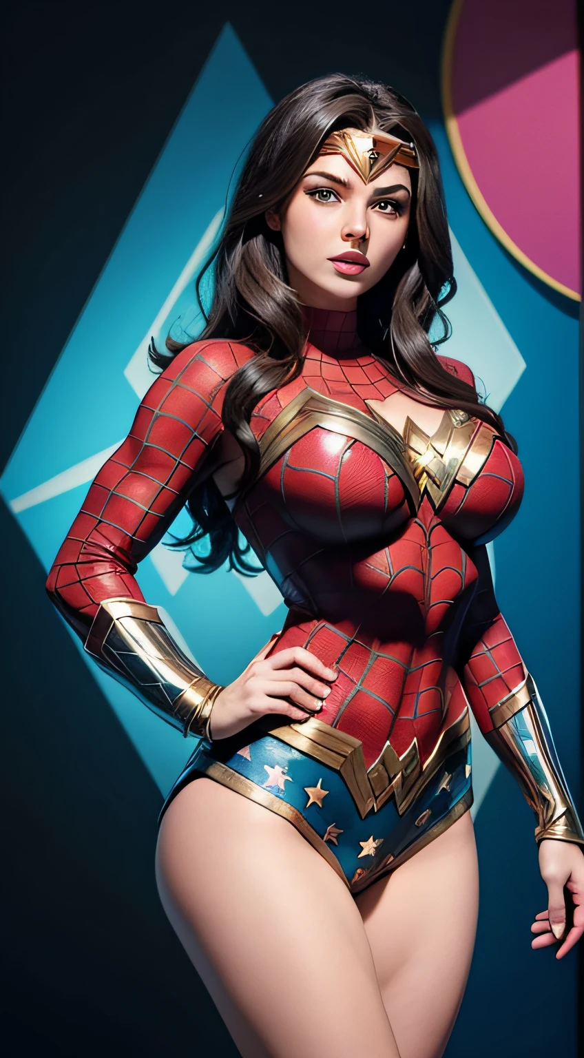 Wonder Woman (big tits) in the style of Spider-Man, masterpiece, best quality, abstract, psychedelic, neon, (honeycomb pattern), (creative:1.3), sy3, SMM, fantasy00d