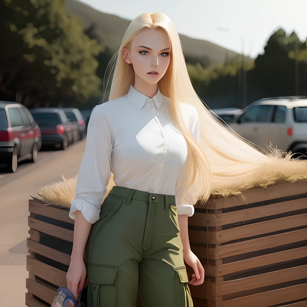 Comic panel. Woman with long blonde straight hair, with green eyes, with a white shirt and cargo pants. 2000’s style