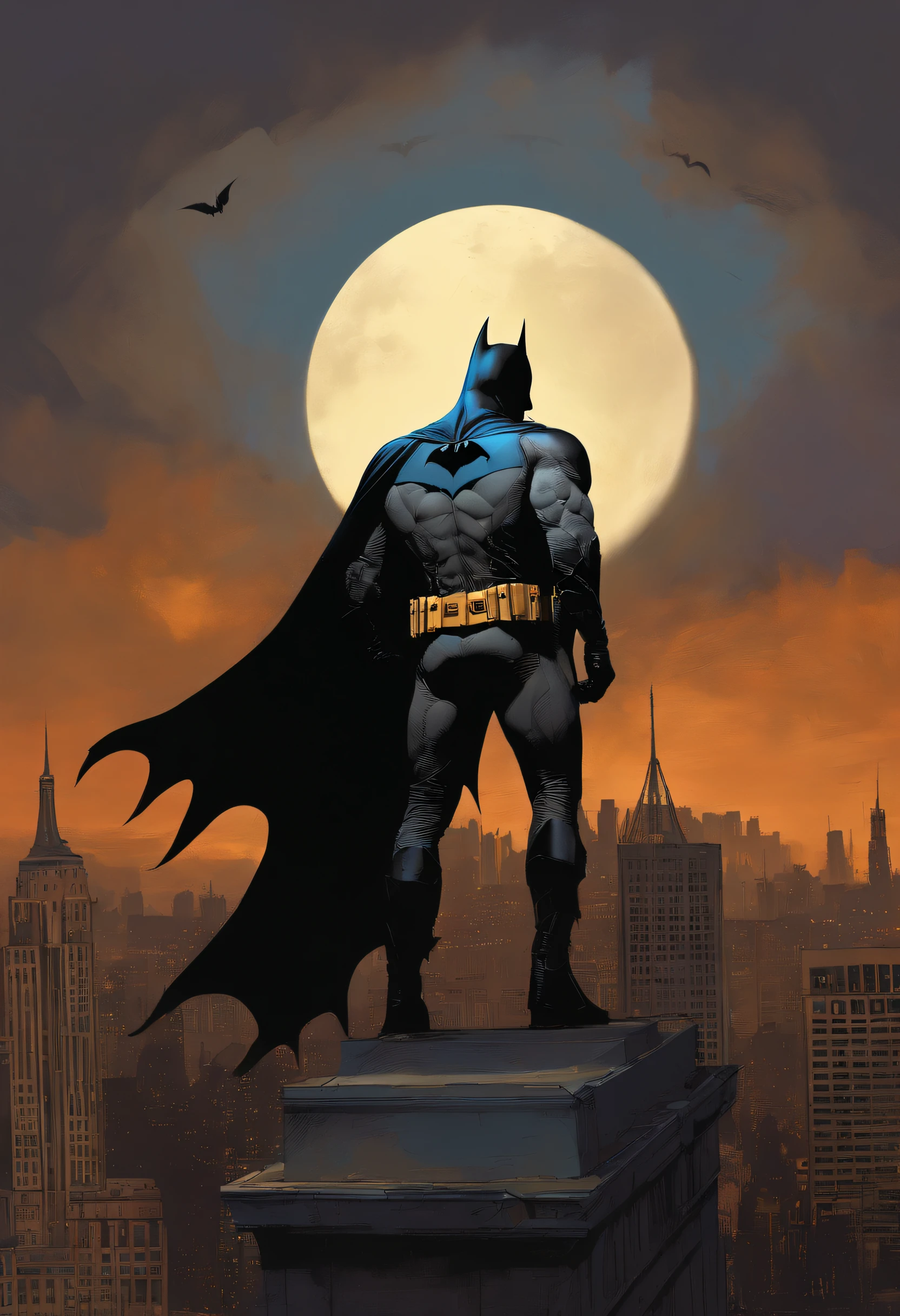 Batman debout , Portrait de Batman, Style de peinture de James Gurney, Portrait de Batman, Ordonnance, Par Craig Mullins, Lighting spotted by Craig Mullins, par Brian Thomas, par James Ryman, inspired by Jim Lee, par James Gurney, par Dave Dorman, Portrait Batman Ancienne Bible, par Chris Moore, par Robert Peak, (no signature),(The image is a close-up shot of Batman standing on the rooftop, with the Bat-Signal in the background illuminating the Gotham City skyline.:1.2)