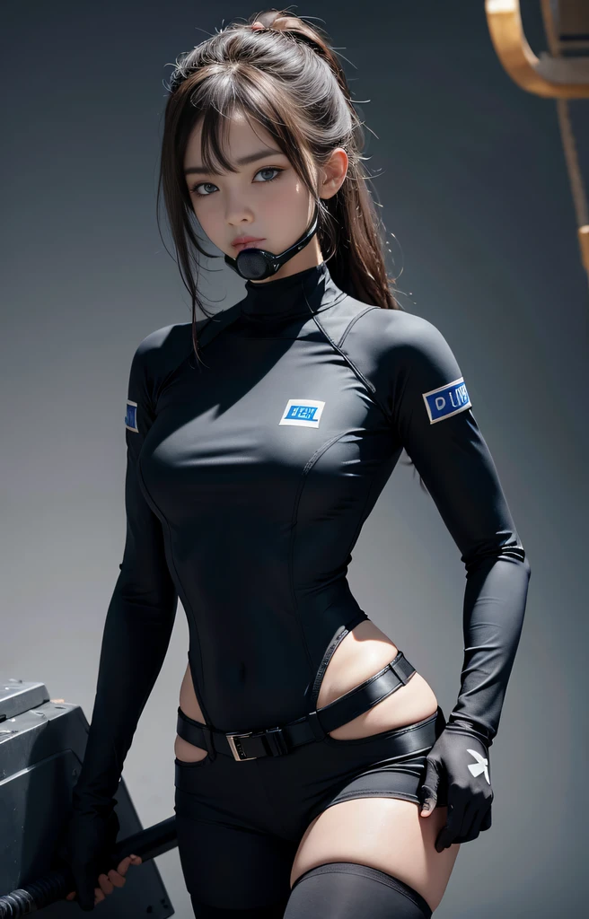 Highest image quality, outstanding details, ultra-high resolution, (realism: 1.4), ((middle shot:0.75)), highly condensed 1 lady, with beautiful and a delicate face, perfect proportion, (chubby:0.3, small breasts), (cloths color base ratio black:0.2 white:0.6 other-color:0.1), (wearing rash-guard likes police uniform, black and grey mecha, wearing high-tech heavy gasmask, military harness, carrying hich-tech-flamethrower-tank on back), background simple grey wall,