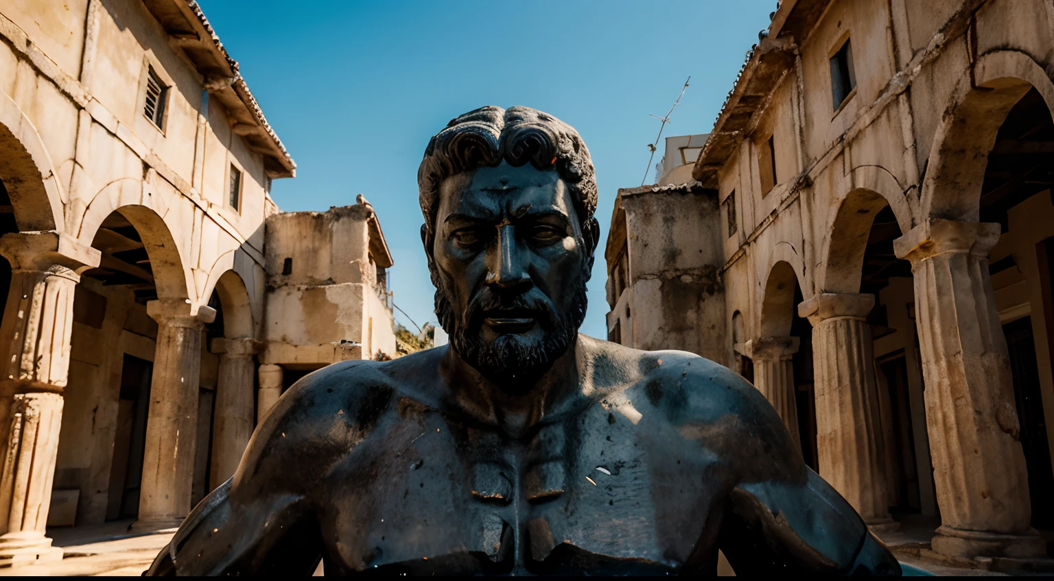 Ancient Stoic Statue With Very Angry Expression, tem barba, muitos detalhes em ambos os olhos, Outside, fundo atenas grego, open sky, com rosto extremamente detalhado full body view, Colors with low saturation with dark tone, Filmado em Sony A7S III com Sony FE 35mm f/1.8, 12.1 MP, --AR 3:2 --estilo cru