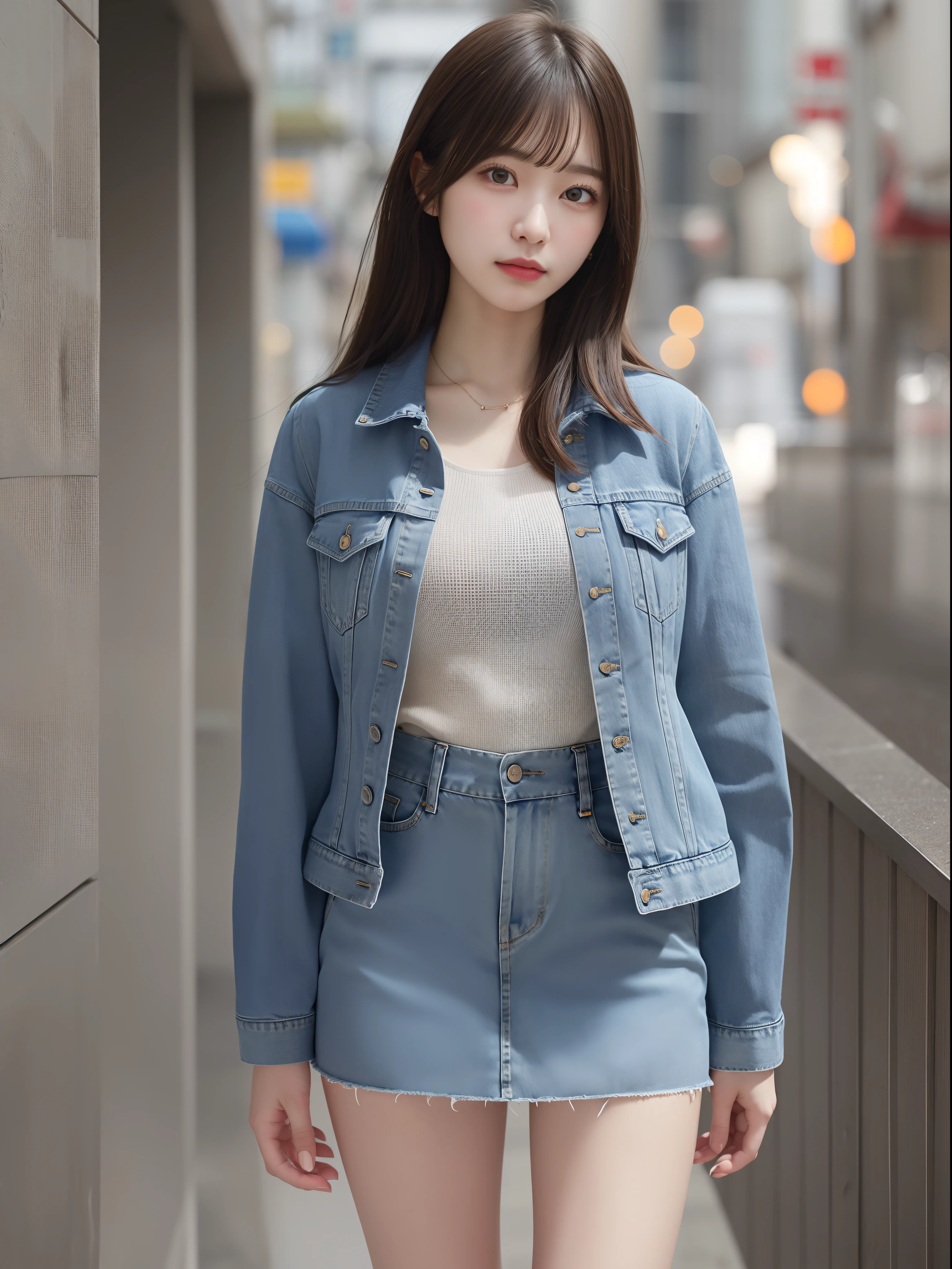 Elegant young woman、Serious look、Wearing a denim jacket、Wearing a denim miniskirt、Photograph the upper body