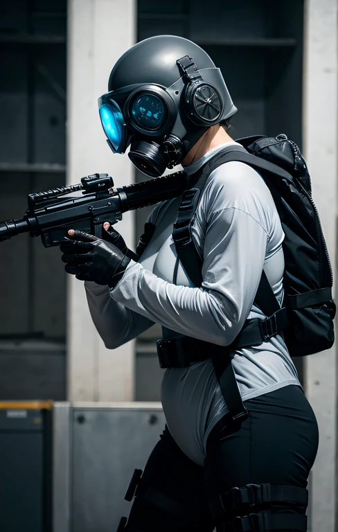 Highest image quality, outstanding details, ultra-high resolution, (realism: 1.4), ((close up:0.75, from front)), Photorealistic, highly condensed 1 lady, full body, aiming with a rifle, Combat pose, (Detailed face), looking at the camera, (a bit chubby:0.45), (cloths color black:0.4 white:0.5 other-color:0.1), (wearing nylon rash-guard as police uniform, gloves, Fingers are occluded, black and gray mecha, wearing futuristic-gasmask, military harness, holding a machinegun, carrying hich-tech-backpack), background greywall,