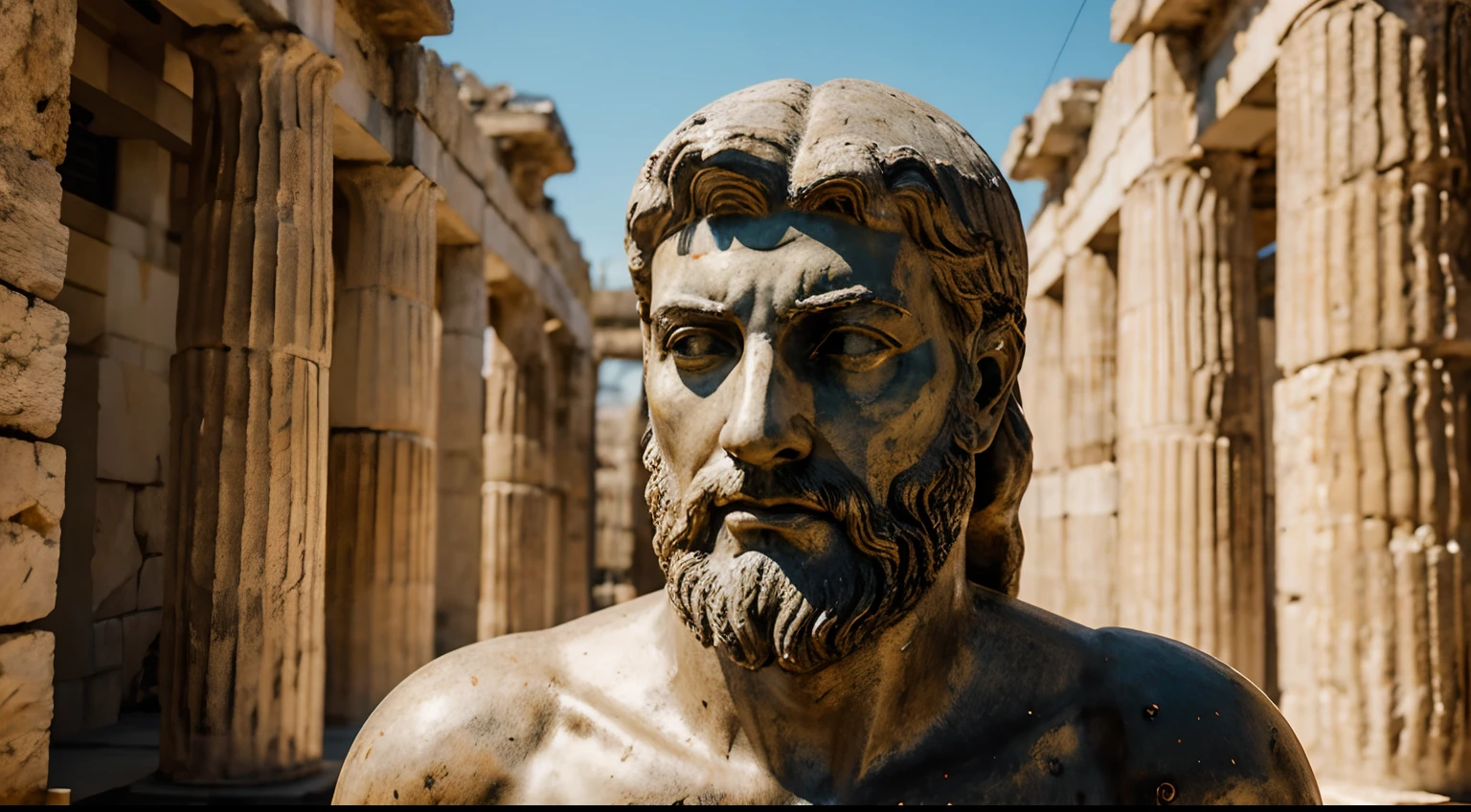 Ancient Stoic Statue With Very Angry Expression, tem barba, muitos detalhes em ambos os olhos, Outside, fundo atenas grego, open sky, com rosto extremamente detalhado full body view, Colors with low saturation with dark tone, Filmado em Sony A7S III com Sony FE 35mm f/1.8, 12.1 MP, --AR 3:2 --estilo cru