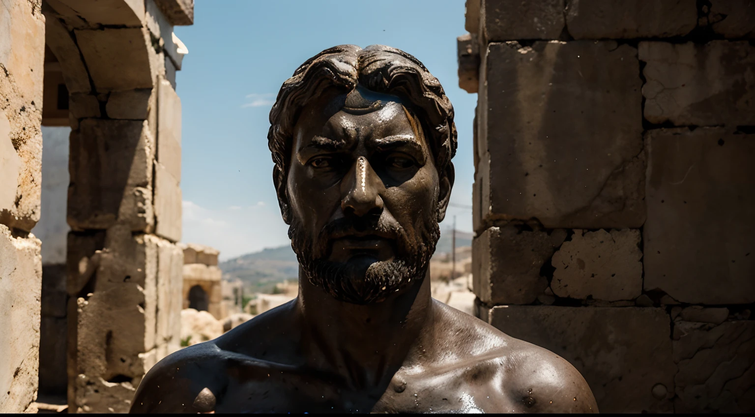 Ancient Stoic Statue With Very Angry Expression, tem barba, muitos detalhes em ambos os olhos, Outside, fundo atenas grego, open sky, com rosto extremamente detalhado full body view, Colors with low saturation with dark tone, Filmado em Sony A7S III com Sony FE 35mm f/1.8, 12.1 MP, --AR 3:2 --estilo cru