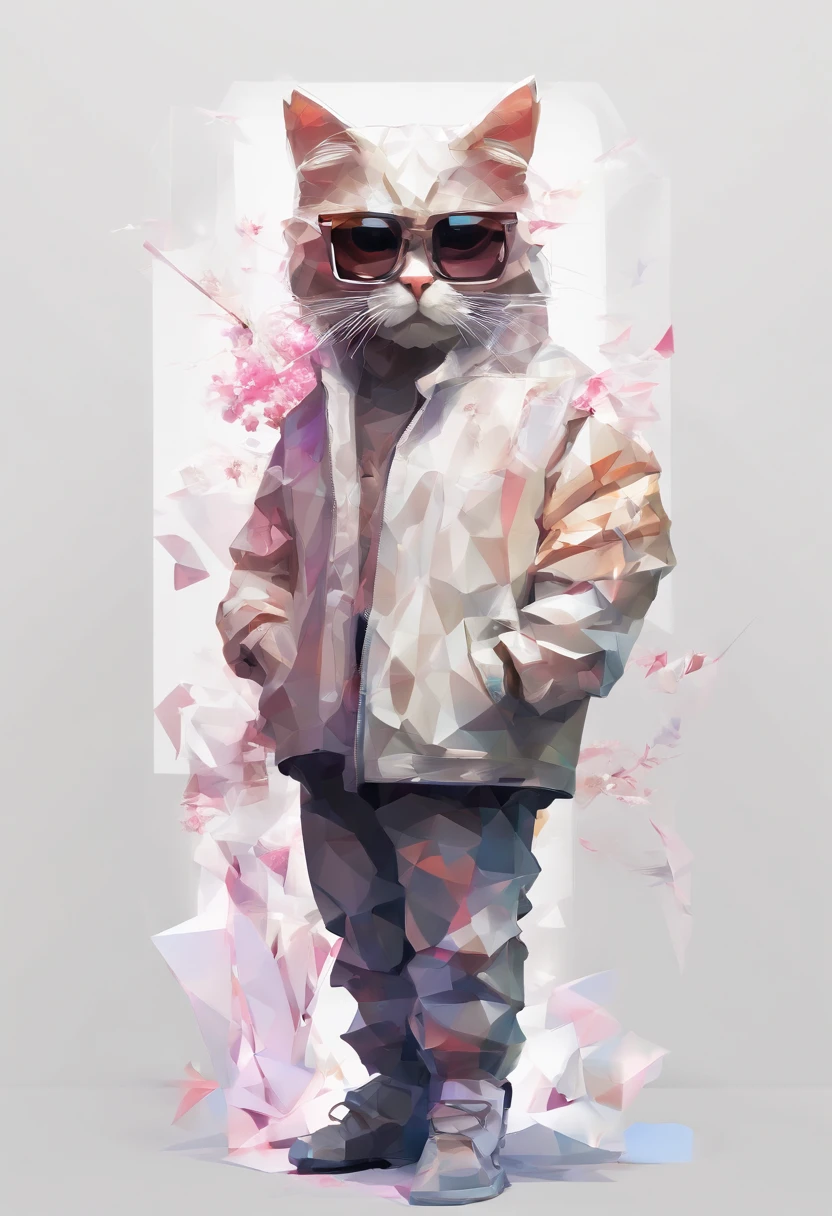 Perfect alignment, Cute cat in jacket,Crystal vases,Rose blossom, Wear sunglasses, Tolerable, standing position, abstract beauty, centered, Looking at the camera, Facing the camera, Near-perfect, Dynamic, highly detaild, silky, Sharp focus, 8K, High-definition resolution, Illustration, art by Carne Griffiths and Wadim Kashin, White background