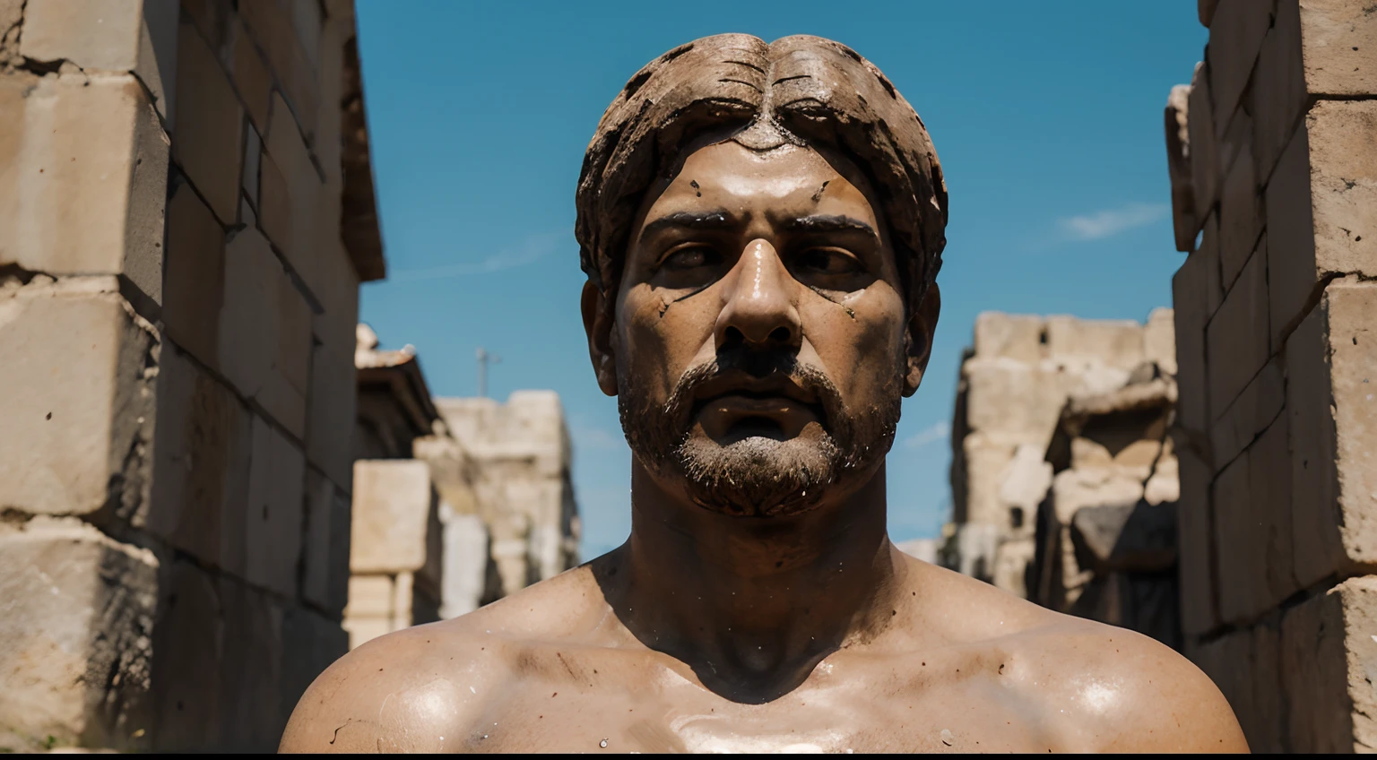 Ancient Stoic Statue With Very Angry Expression, tem barba, muitos detalhes em ambos os olhos, Outside, fundo atenas grego, open sky, com rosto extremamente detalhado full body view, Colors with low saturation with dark tone, Filmado em Sony A7S III com Sony FE 35mm f/1.8, 12.1 MP, --AR 3:2 --estilo cru