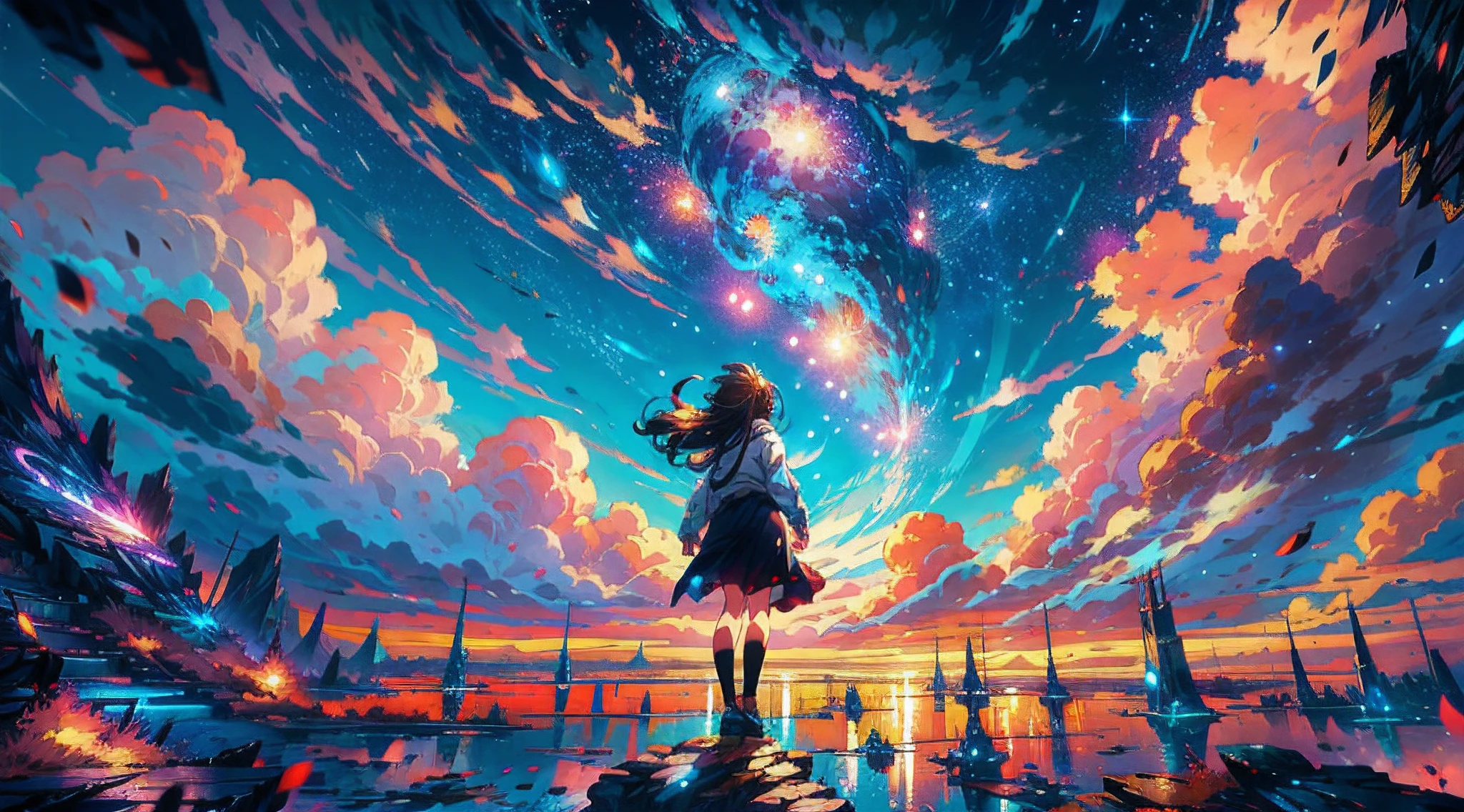Anime Girl standing on a rock looking at a sky filled with stars, makoto shinkai cyril rolando, anime art wallpaper 4k, anime art wallpaper 4k, anime art wallpaper 8 k, Ciels cosmiques. Par Makoto Shinkai, inspired by Cyril Rolando, in the style dan mumford artwork, Papier peint incroyable, par Yuumei
