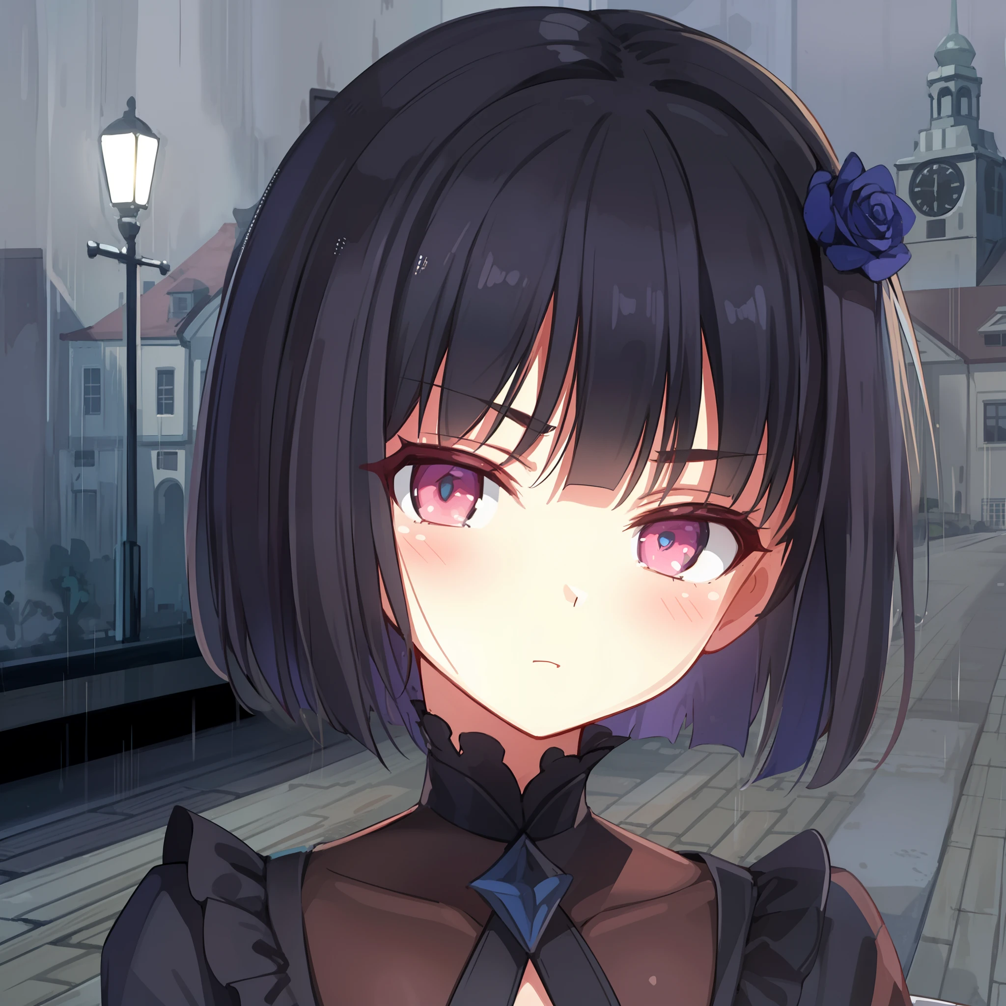 hiquality, tmasterpiece (one girls) indifferent face. cold gaze. darkest. purple rose on hair. Dark gothic outfit. Against the background of a city street.