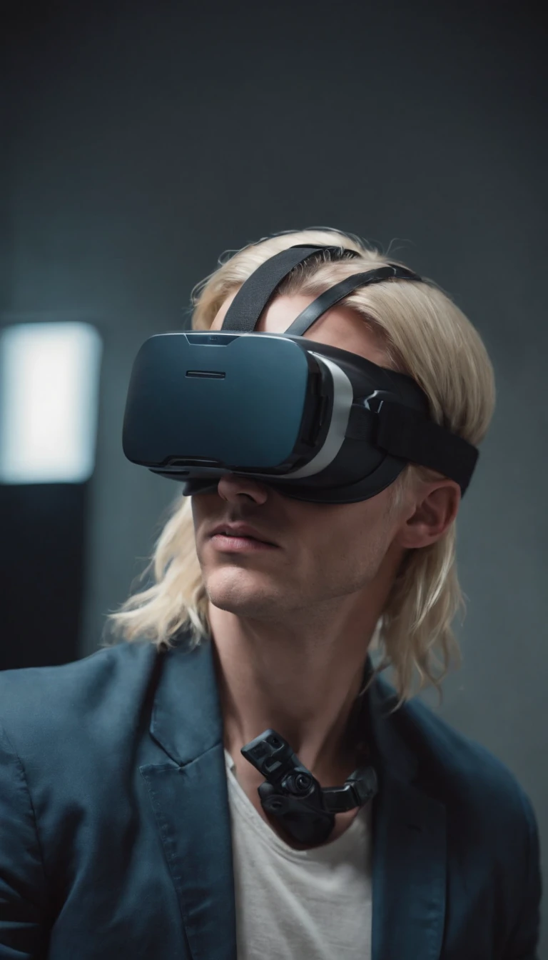 blonde hair blue eyed man tied to a chair after being kidnapped with scifi vr goggles strapped to his face, 8k, ultra detailed, high res, cinematic, cinematic scene from film, suspence, thriller, violence