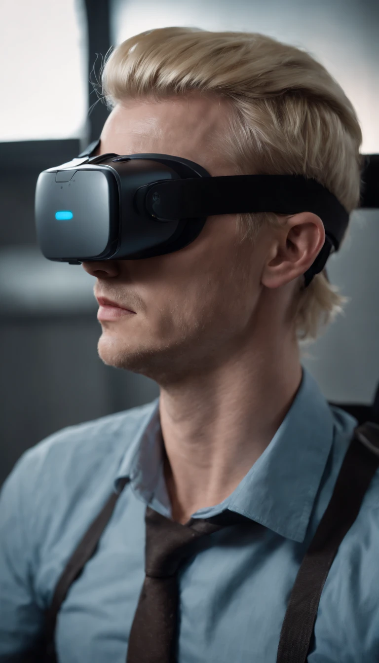 blonde hair blue eyed man tied to a chair after being kidnapped with scifi vr goggles strapped to his face, 8k, ultra detailed, high res, cinematic, cinematic scene from film, suspence, thriller, violence
