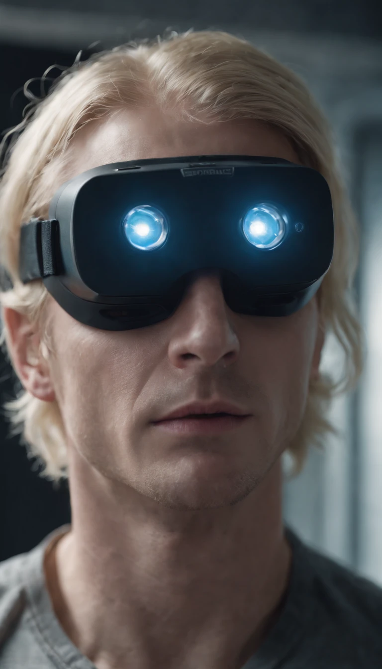blonde hair blue eyed man tied to a chair after being kidnapped with scifi vr goggles strapped to his face, 8k, ultra detailed, high res, cinematic, cinematic scene from film, suspence, thriller, violence