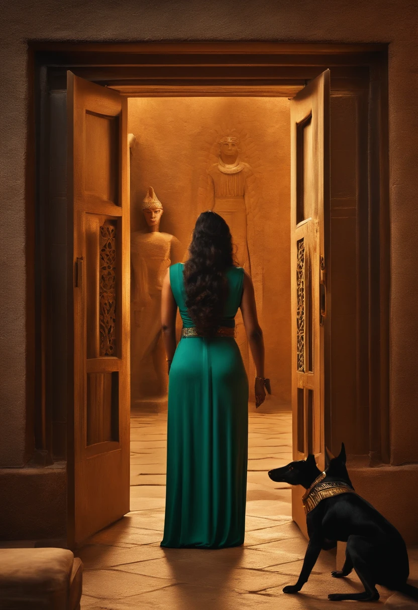 Anubis habando con una mujer, while another woman is behind a door watching them