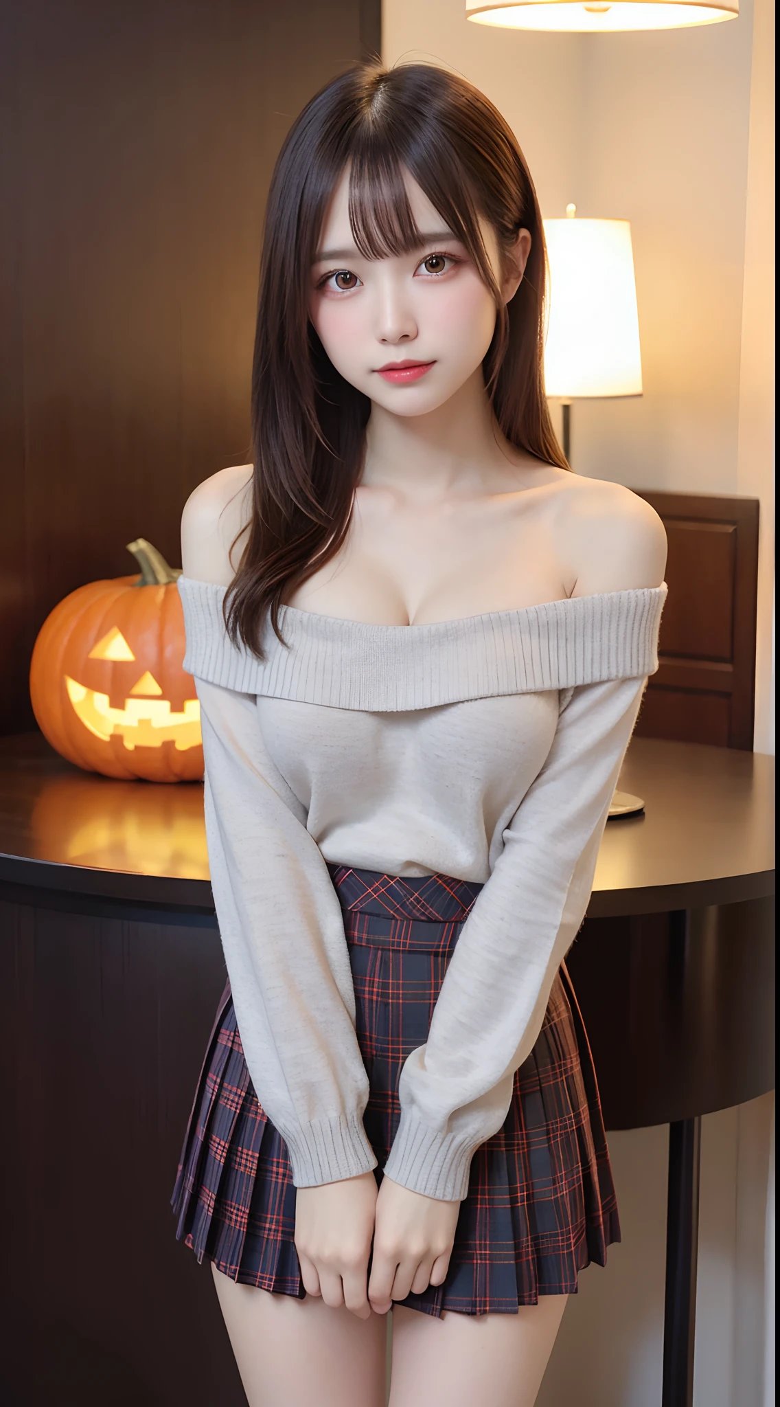 1 beautiful young girl, Super beautiful detailed face, shyly smile, medium breasts, Deep cleavage), (off-the-shoulder sweater, Oversized sweater:1.3), (Skirt lift), (skirt lift by yourself), (Flip up the skirt), (Grey Tartan Check Pleated Skirt Lift Yourself), (Lace panties, Show panties), (wind lift), Skirt blowing in the wind, lift up one's skirt, Semi-long hair, (Fine face:1.2), High quality, Realistic, extremely detailed CG unified 8k wallpaper, Highly detailed, High-definition raw color photos, Professional Photography, Realistic portrait, Cinematic Light, Beautiful detailed, Super Detail, high details, (((Bokeh))), depth of fields, illumination, Neon Street, Super stylish lighting, halloween night, Pumpkin Lantern