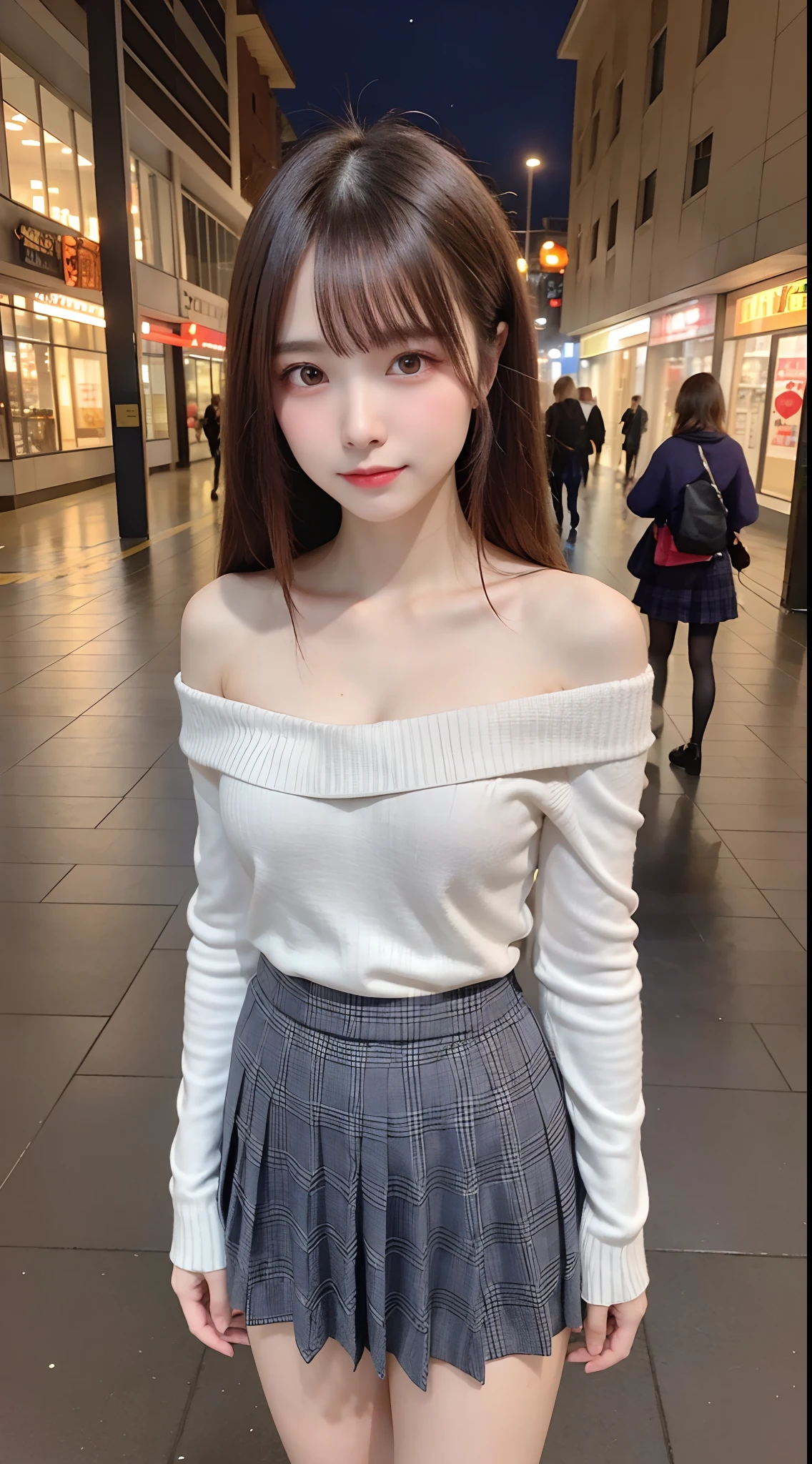 1 beautiful young girl, Super beautiful detailed face, shyly smile, medium breasts, Deep cleavage), (off-the-shoulder sweater, Oversized sweater:1.3), (Skirt lift), (skirt lift by yourself), (Flip up the skirt), (Grey Tartan Check Pleated Skirt Lift Yourself), (Lace panties, Show panties), (wind lift), Skirt blowing in the wind, lift up one's skirt, Semi-long hair, (Fine face:1.2), High quality, Realistic, extremely detailed CG unified 8k wallpaper, Highly detailed, High-definition raw color photos, Professional Photography, Realistic portrait, Cinematic Light, Beautiful detailed, Super Detail, high details, (((Bokeh))), depth of fields, illumination, Neon Street, Super stylish lighting, halloween night, Pumpkin Lantern