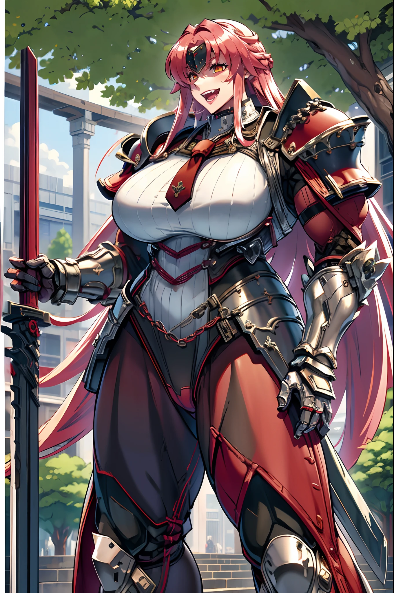 (masterpiece:1.2), (highest quality:1.2), 1girl, solo, purple-hair, long-hair, shield, breasts, weapon, armor, cleavage, large-breasts, polearm, helmet, open-mouth, smile, boots, purple-eyes, gauntlets, very-long-hair, thighhighs, blue-eyes, full-body, red-armor, looking-at-viewer, blush, thigh-boots, simple-background, armored-boots,