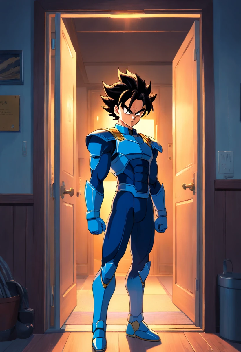 ((masterpiece)), High Quality, Vegeta, Wearing Saiyan armor, Blue armor, Standing at the doorway, doorbell cam scene, looking at camera, Holding a baseball bat, late night, eerie scene, Dark vibe, Perfect detail