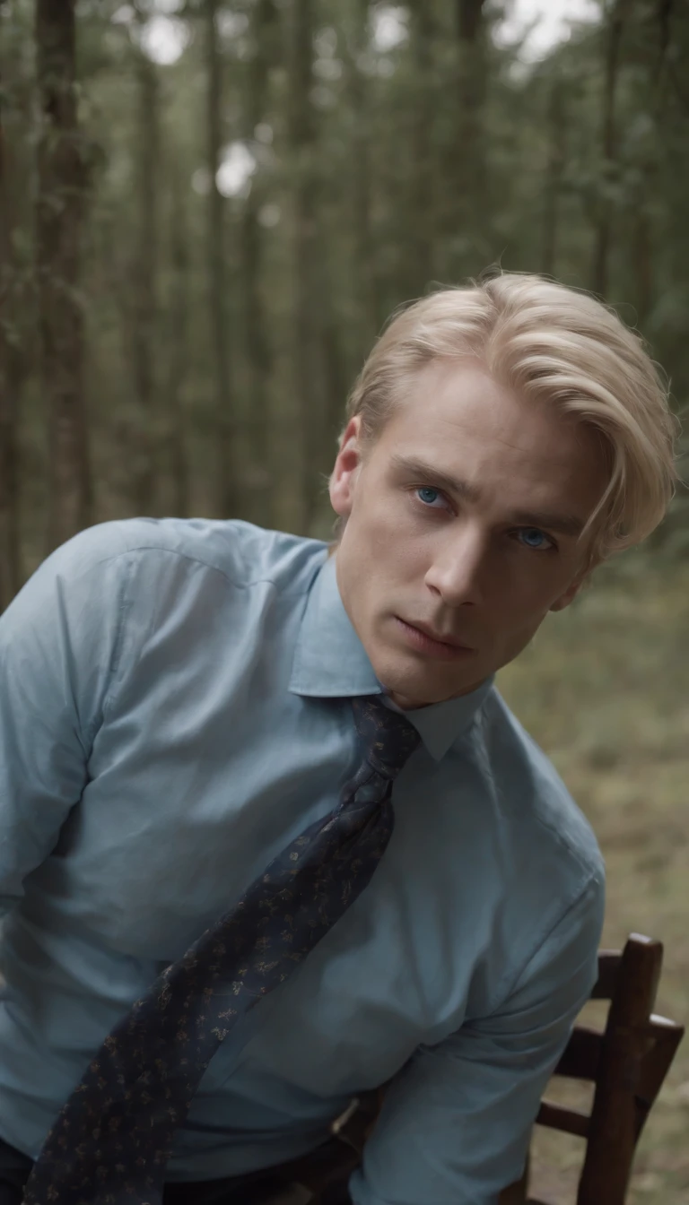 blonde hair blue eyed man tied to a chair after being kidnapped, 8k, ultra detailed, high res, cinematic, cinematic scene from film, suspence, thriller, violence