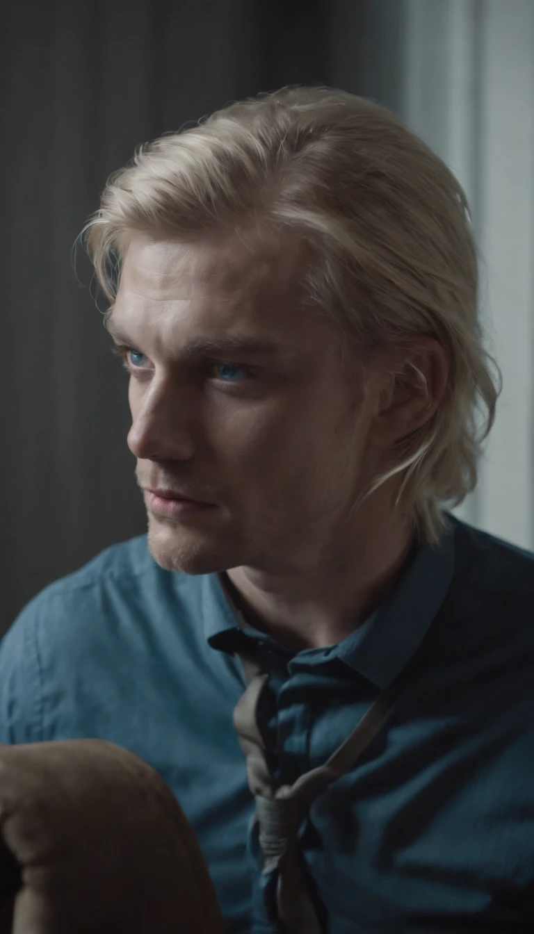 blonde hair blue eyed man tied to a chair after being kidnapped, 8k, ultra detailed, high res, cinematic, cinematic scene from film, suspence, thriller, violence