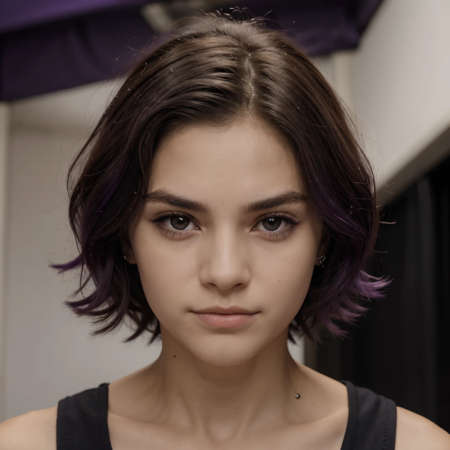 Eu quero uma imagem de um garoto de cabelo roxo, e olhos roxos, com a cara desfocada, atras dele vai ter plano de fundo preto, com varios olhos olhando para o garoto.