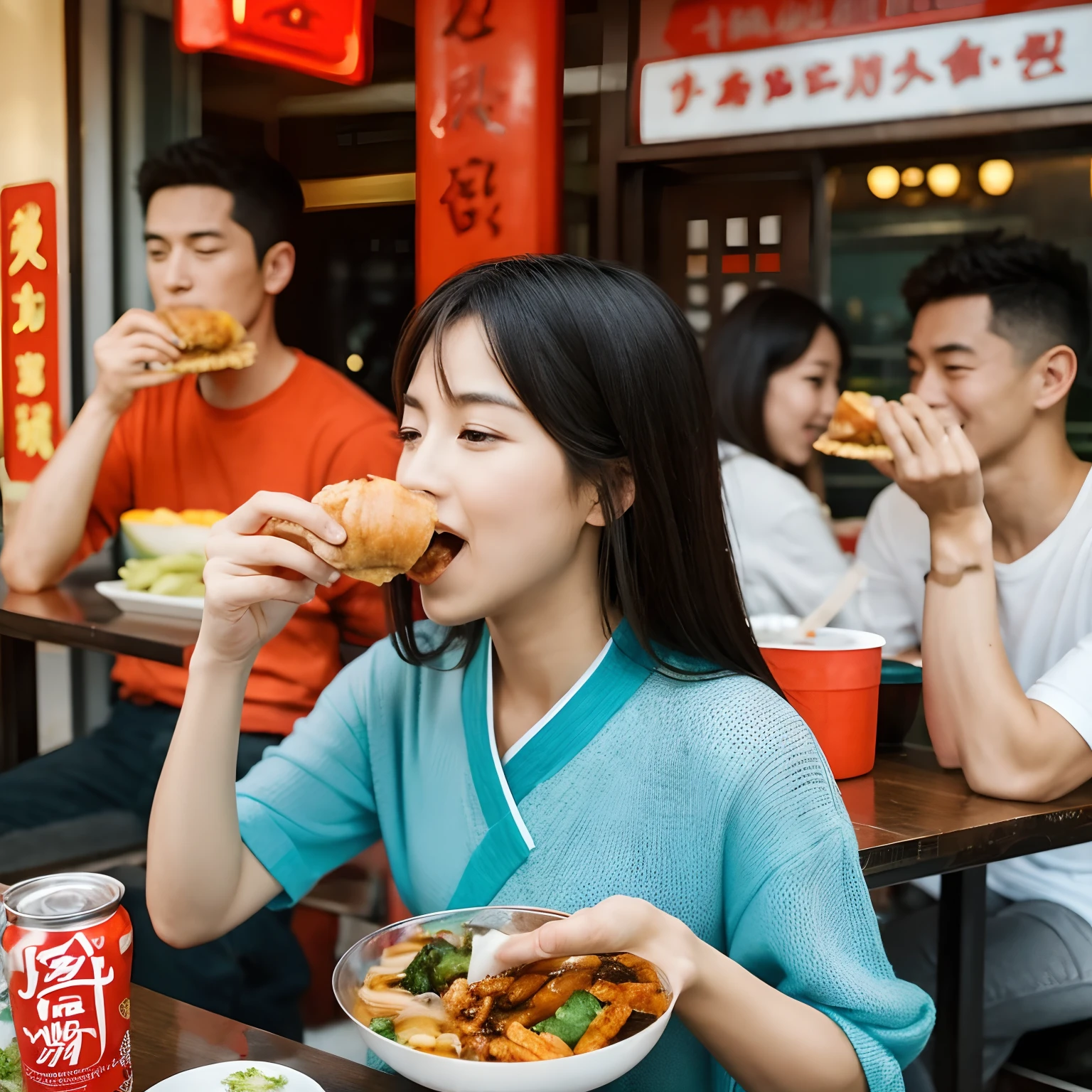 people eating chineese take out