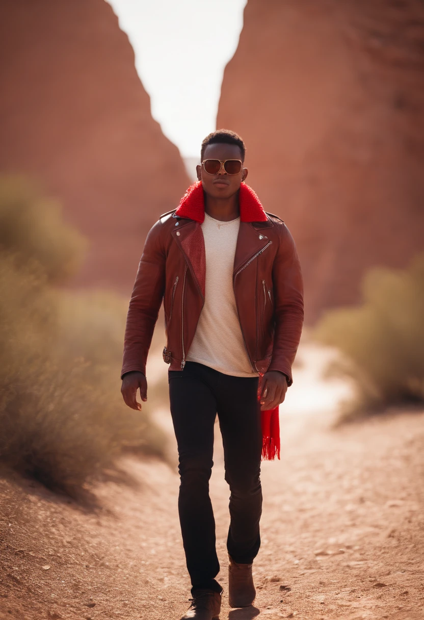 Still American SHOT of a young African-American mestizo mixed-race with round red sunglasses wears a shirtless leather jacket where his abs are seen with a Fender Stratocaster guitar in a desert walking with a red scarf with white dots looking at a letter